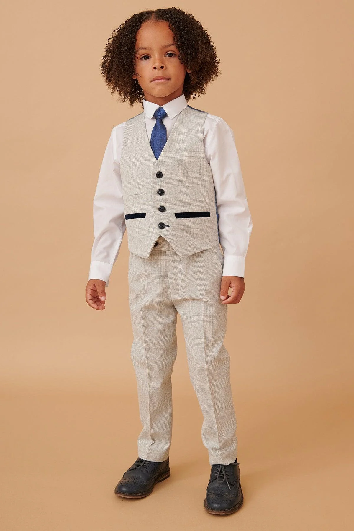 BROMLEY - Children's Stone Check Print Three Piece Suit - Image 11