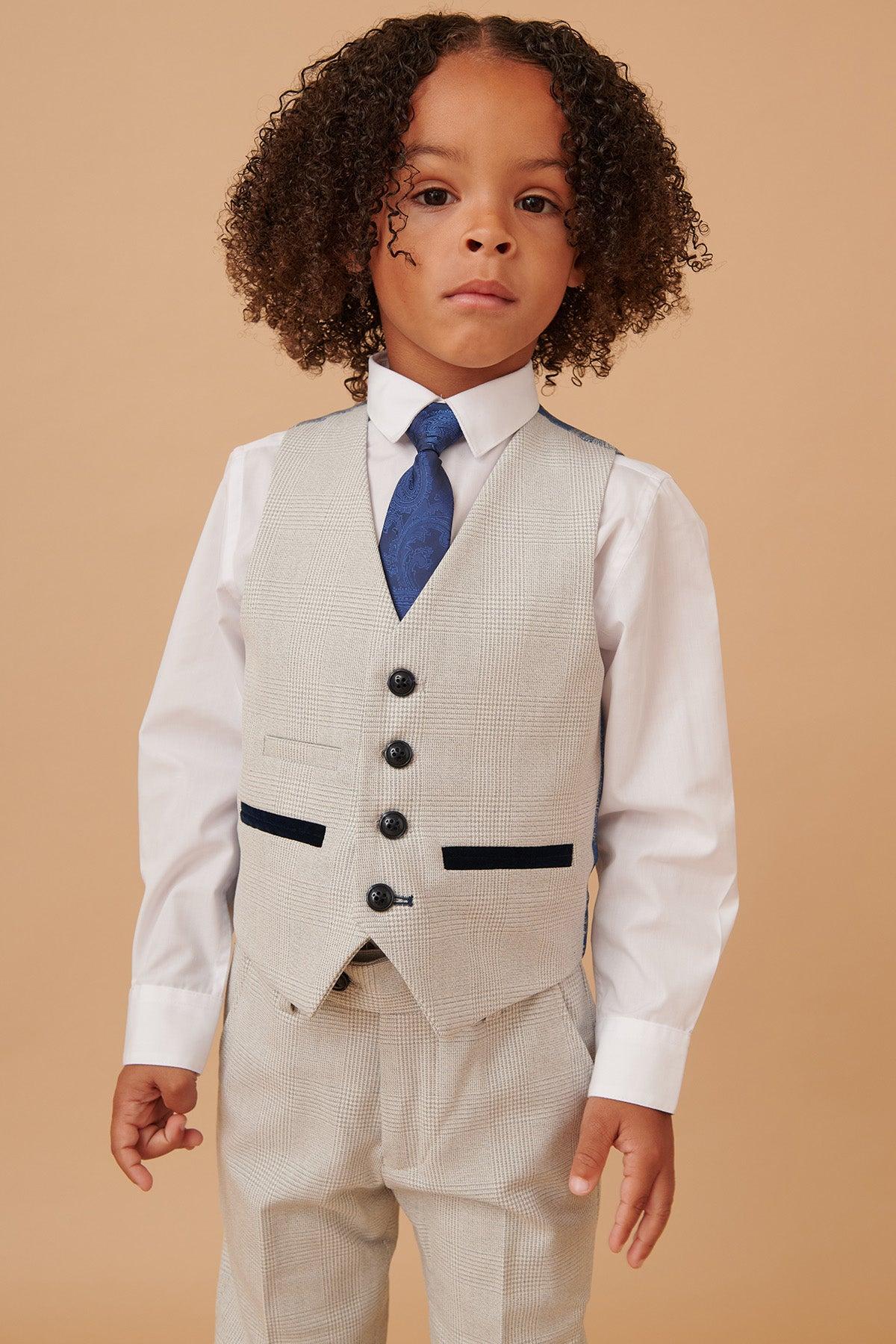 BROMLEY - Children's Stone Check Print Three Piece Suit - Image 12