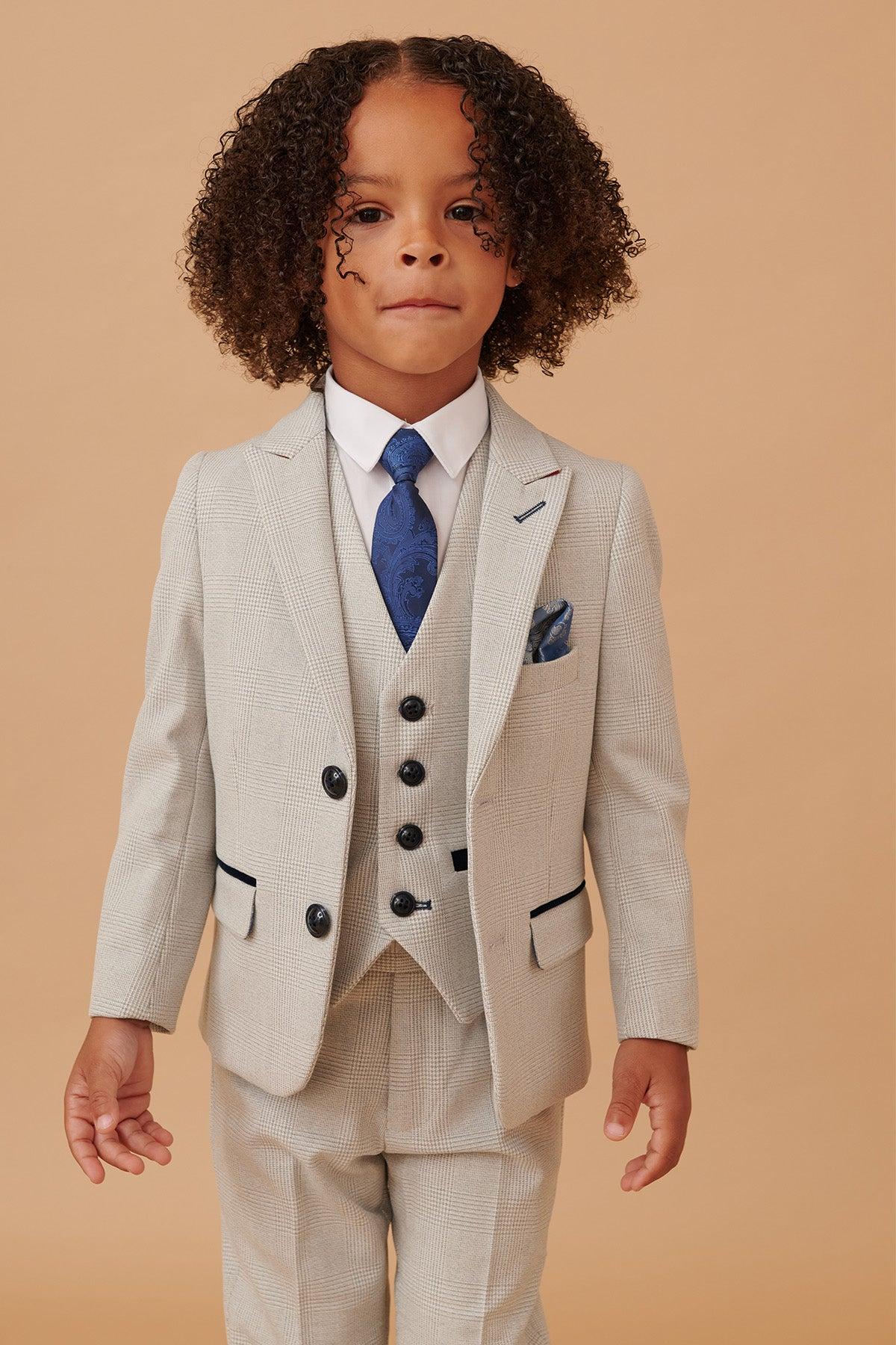 BROMLEY - Children's Stone Check Print Three Piece Suit - Image 5