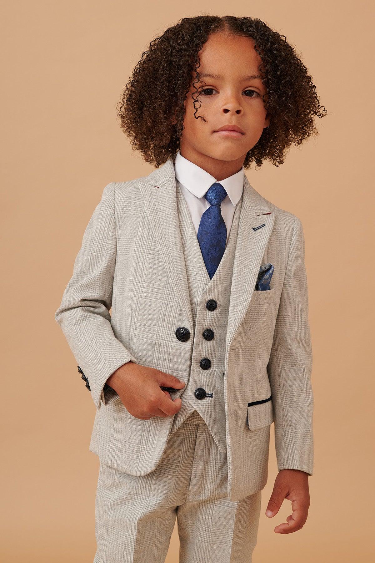 BROMLEY - Children's Stone Check Print Three Piece Suit - Image 6