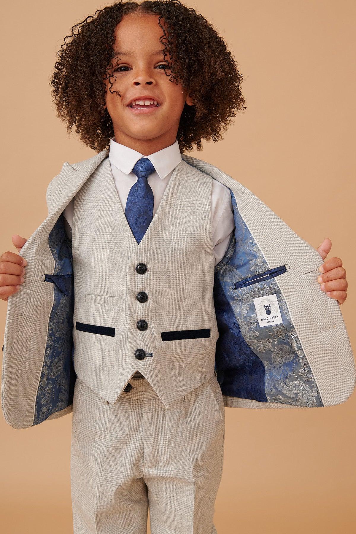 BROMLEY - Children's Stone Check Print Three Piece Suit - Image 8
