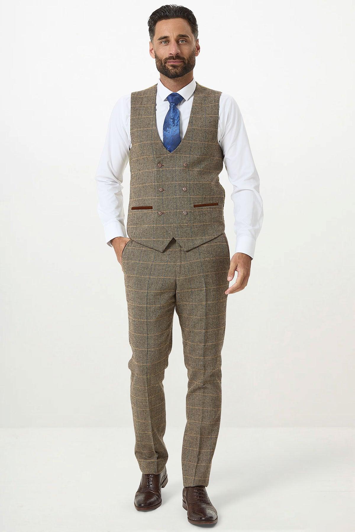 DX7 - Tan Tweed Check Three Piece Suit With Double Breasted Waistcoat - Image 11