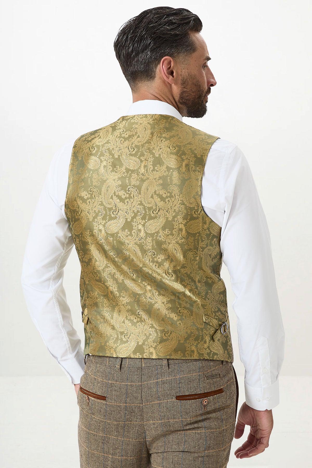 DX7 - Tan Tweed Check Three Piece Suit With Double Breasted Waistcoat - Image 12