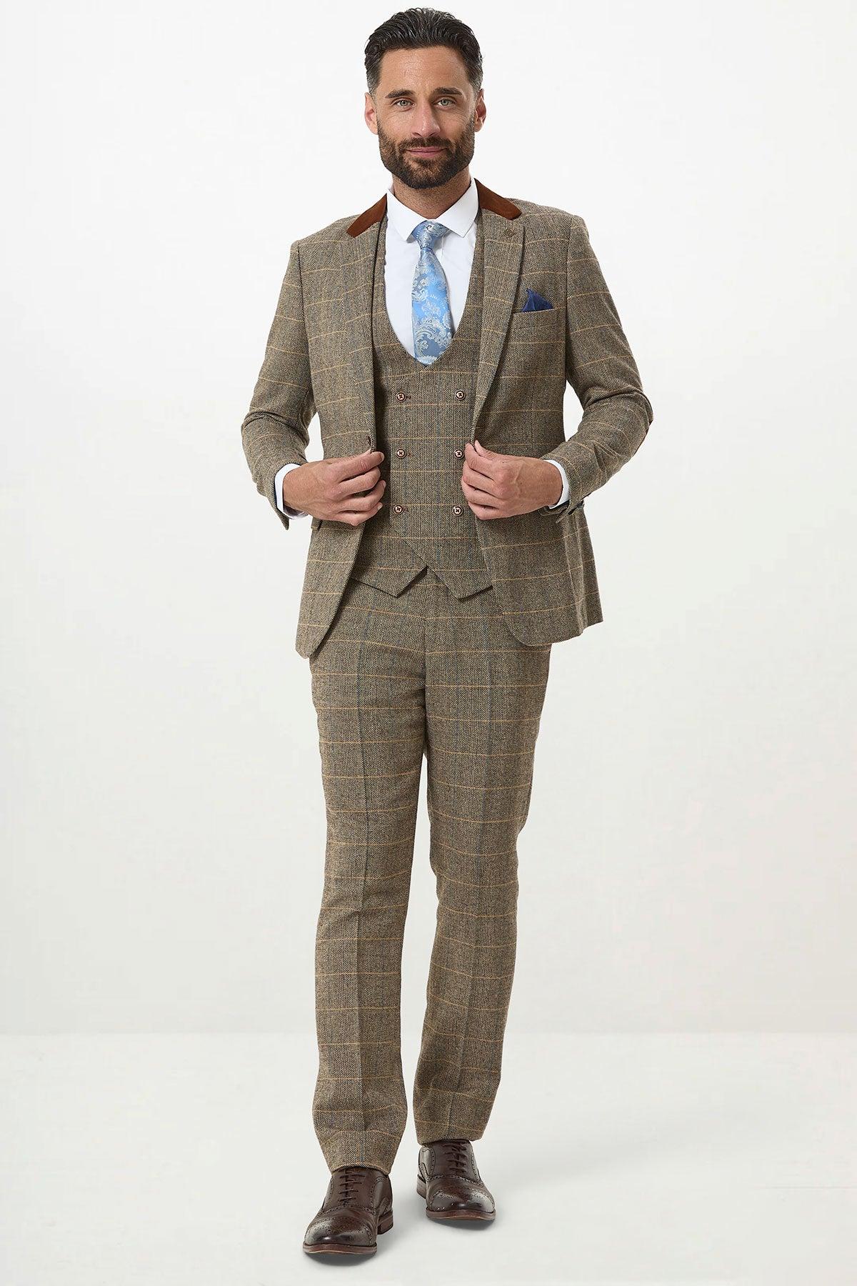 DX7 - Tan Tweed Check Three Piece Suit With Double Breasted Waistcoat - Image 3
