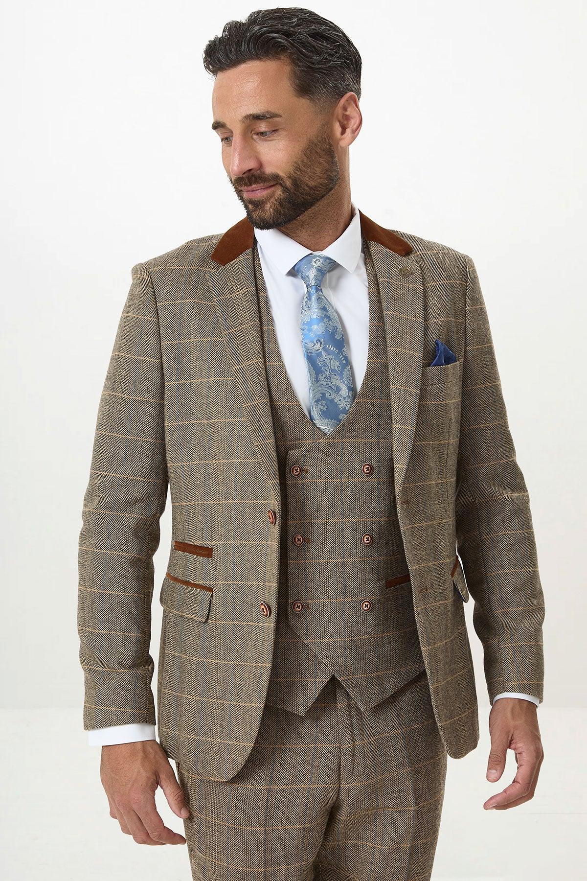 DX7 - Tan Tweed Check Three Piece Suit With Double Breasted Waistcoat - Image 4