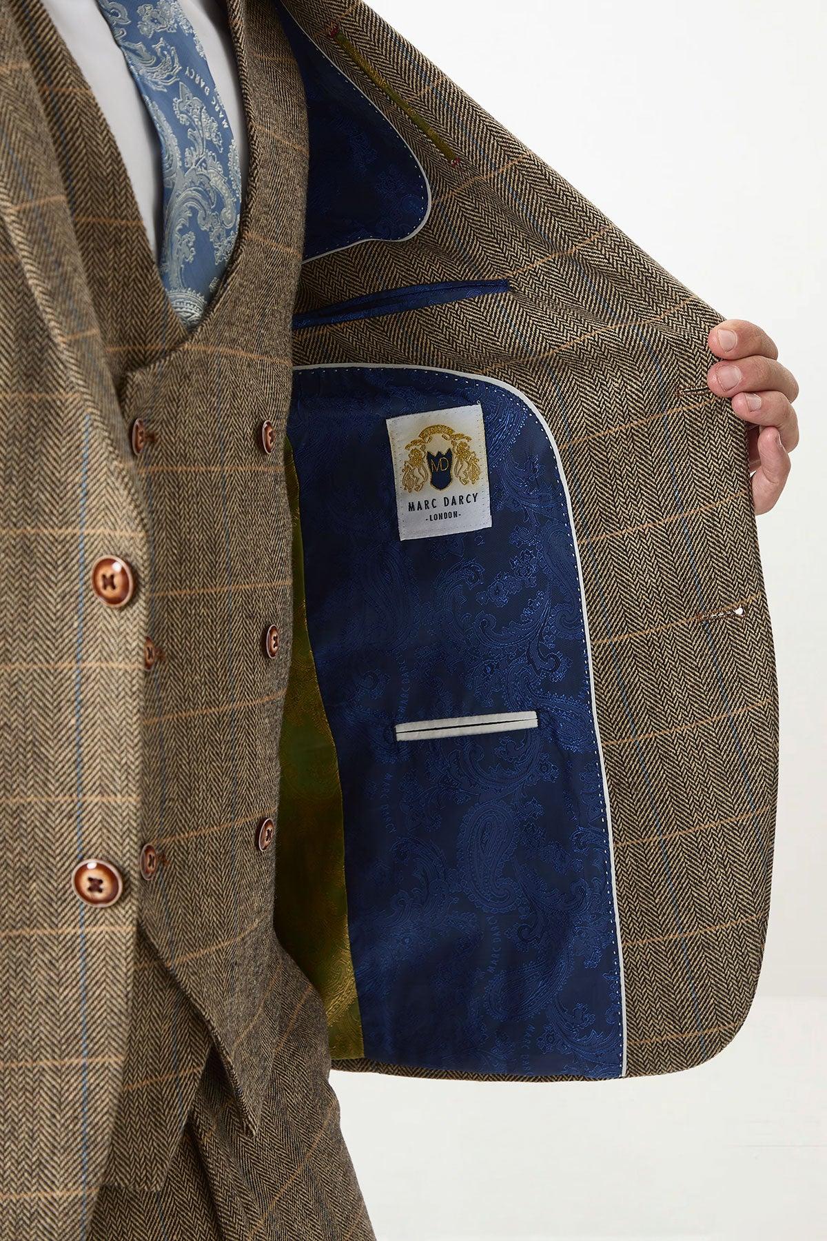 DX7 - Tan Tweed Check Three Piece Suit With Double Breasted Waistcoat - Image 6