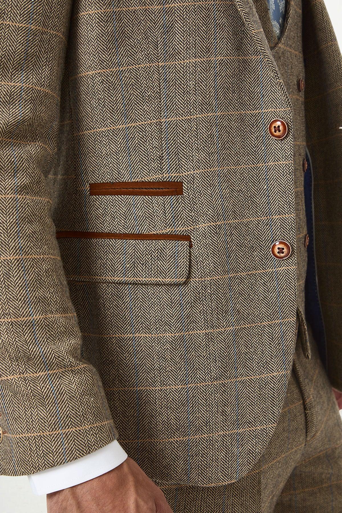 DX7 - Tan Tweed Check Three Piece Suit With Double Breasted Waistcoat - Image 7