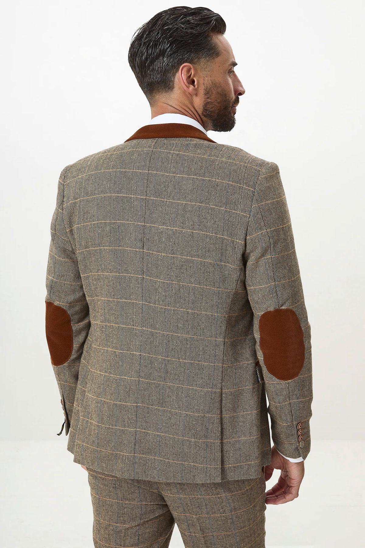 DX7 - Tan Tweed Check Three Piece Suit With Double Breasted Waistcoat - Image 8