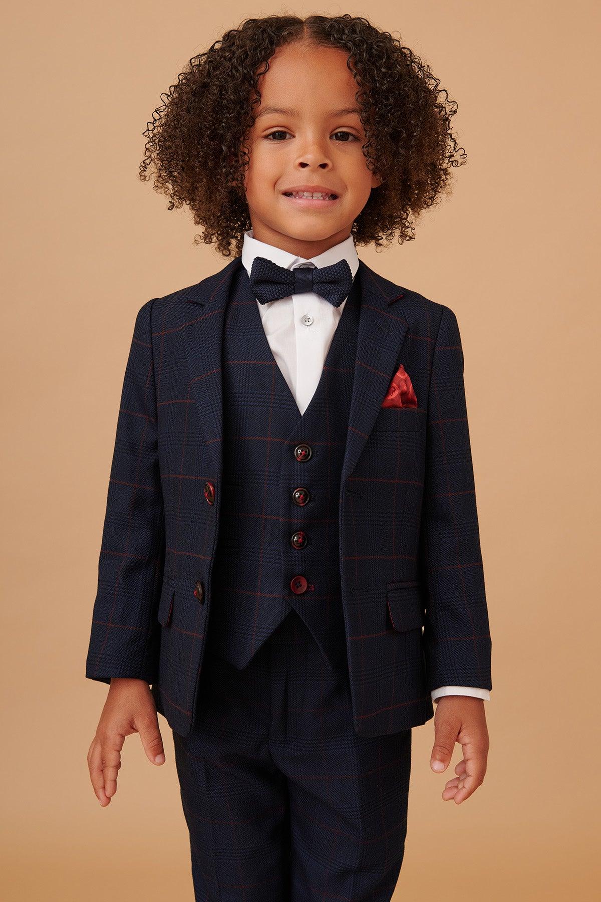 EDINSON - Children's Navy Wine Check Print Three Piece Suit - Image 7