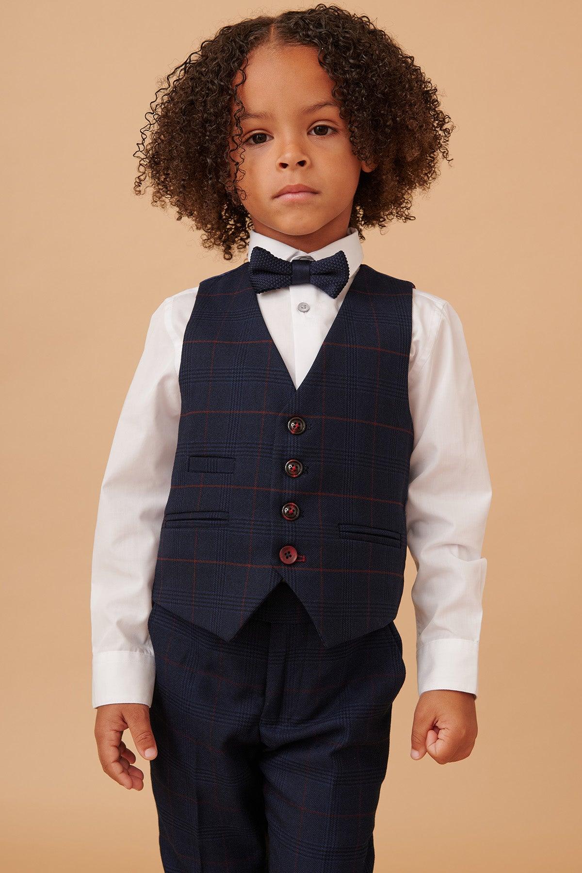EDINSON - Children's Navy Wine Check Print Three Piece Suit - Image 9