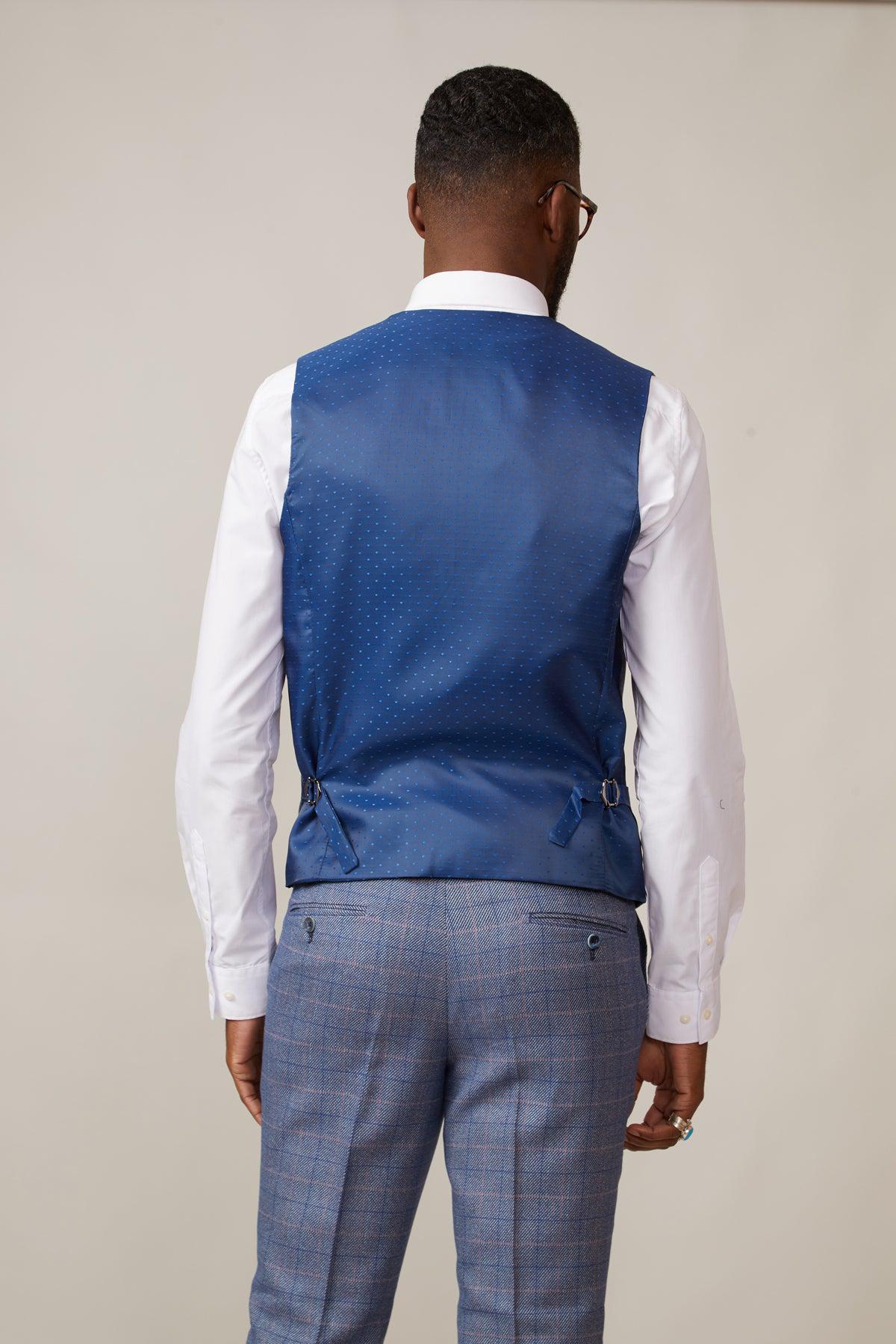 HILTON - Blue Tweed Check Single Breasted Waistcoat - Image 3