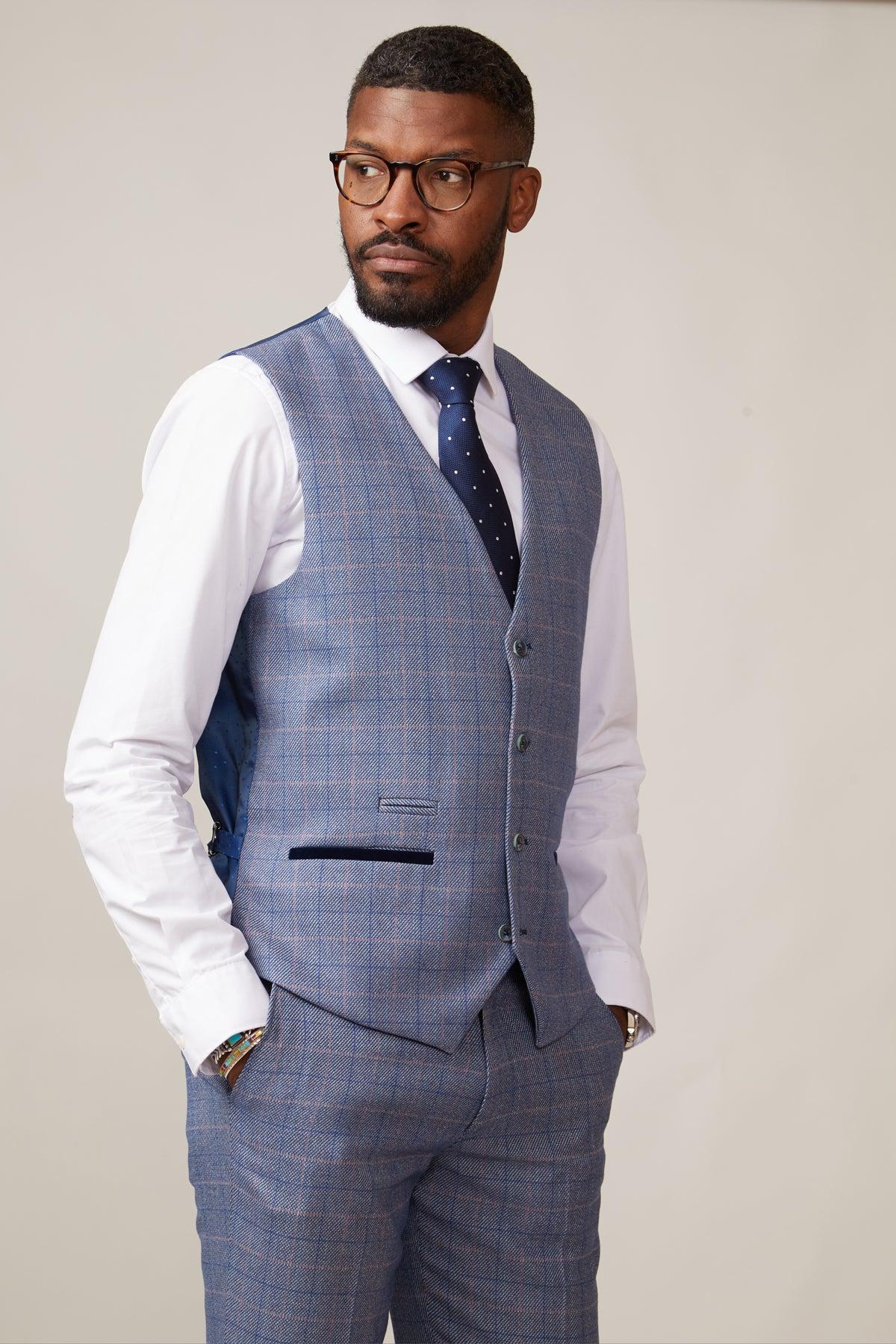 HILTON - Blue Tweed Check Single Breasted Waistcoat - Image 5