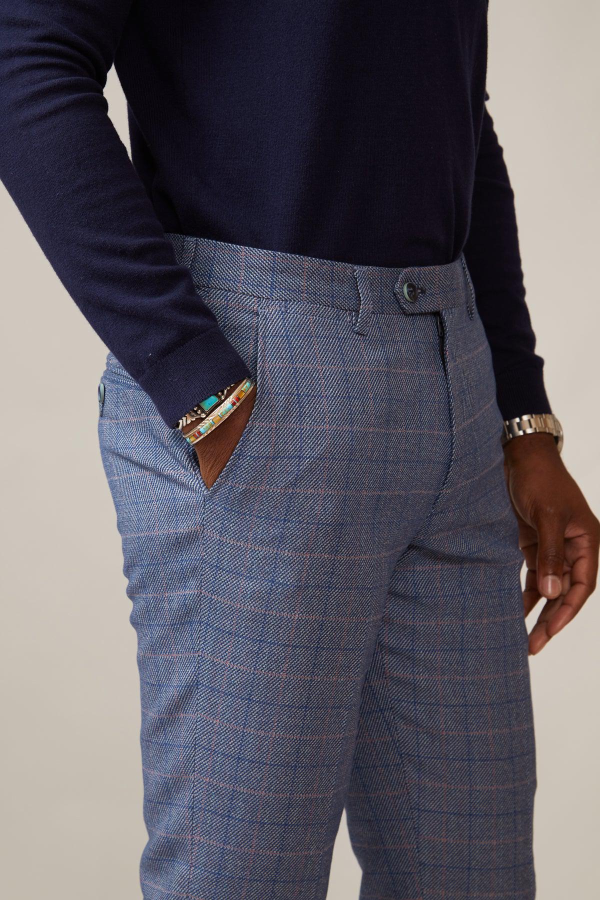 HILTON - Blue Tweed Check Trousers - Image 4