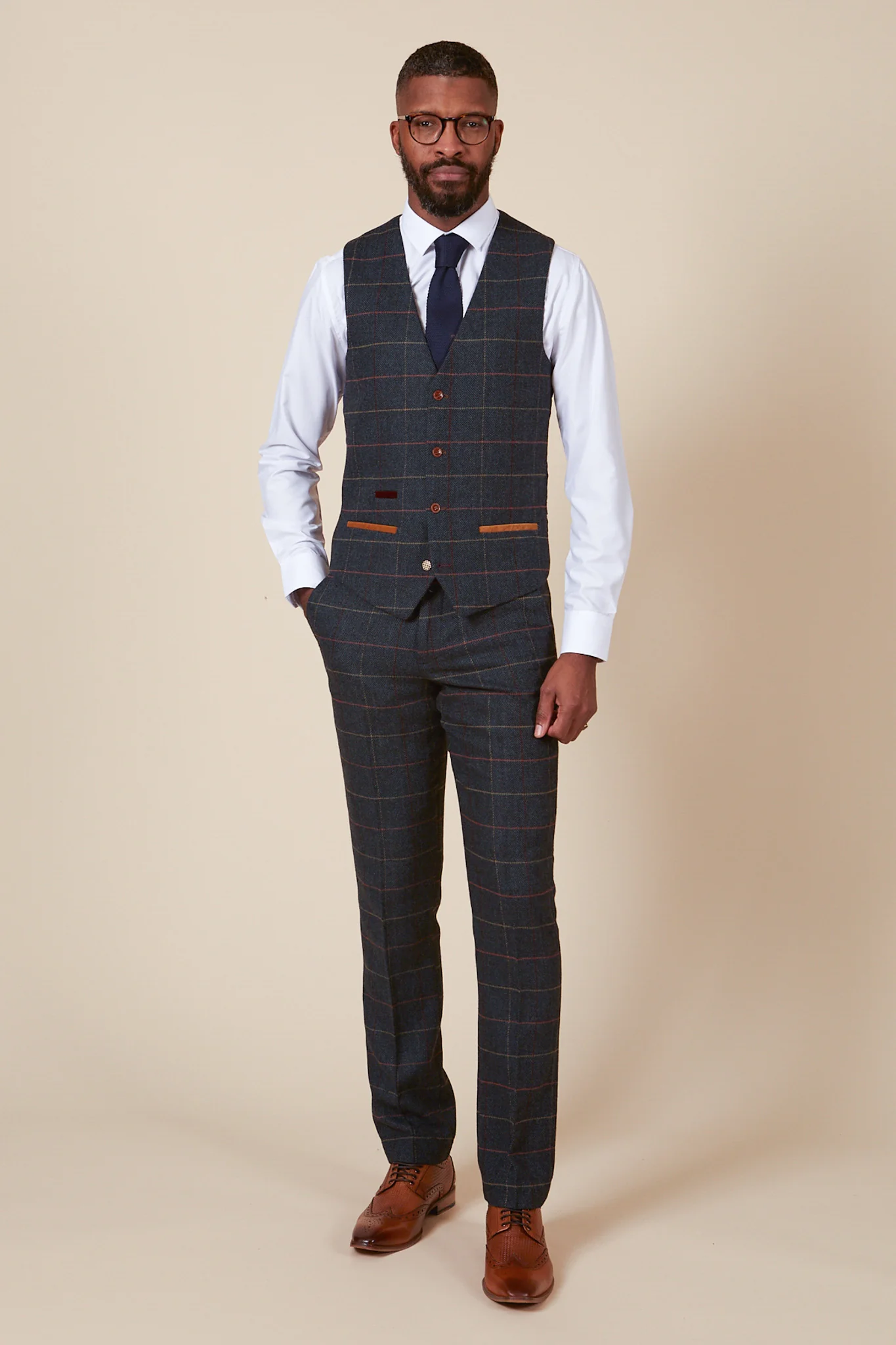 ETON - Single Breasted Navy Blue Tweed Check Waistcoat - Image 4