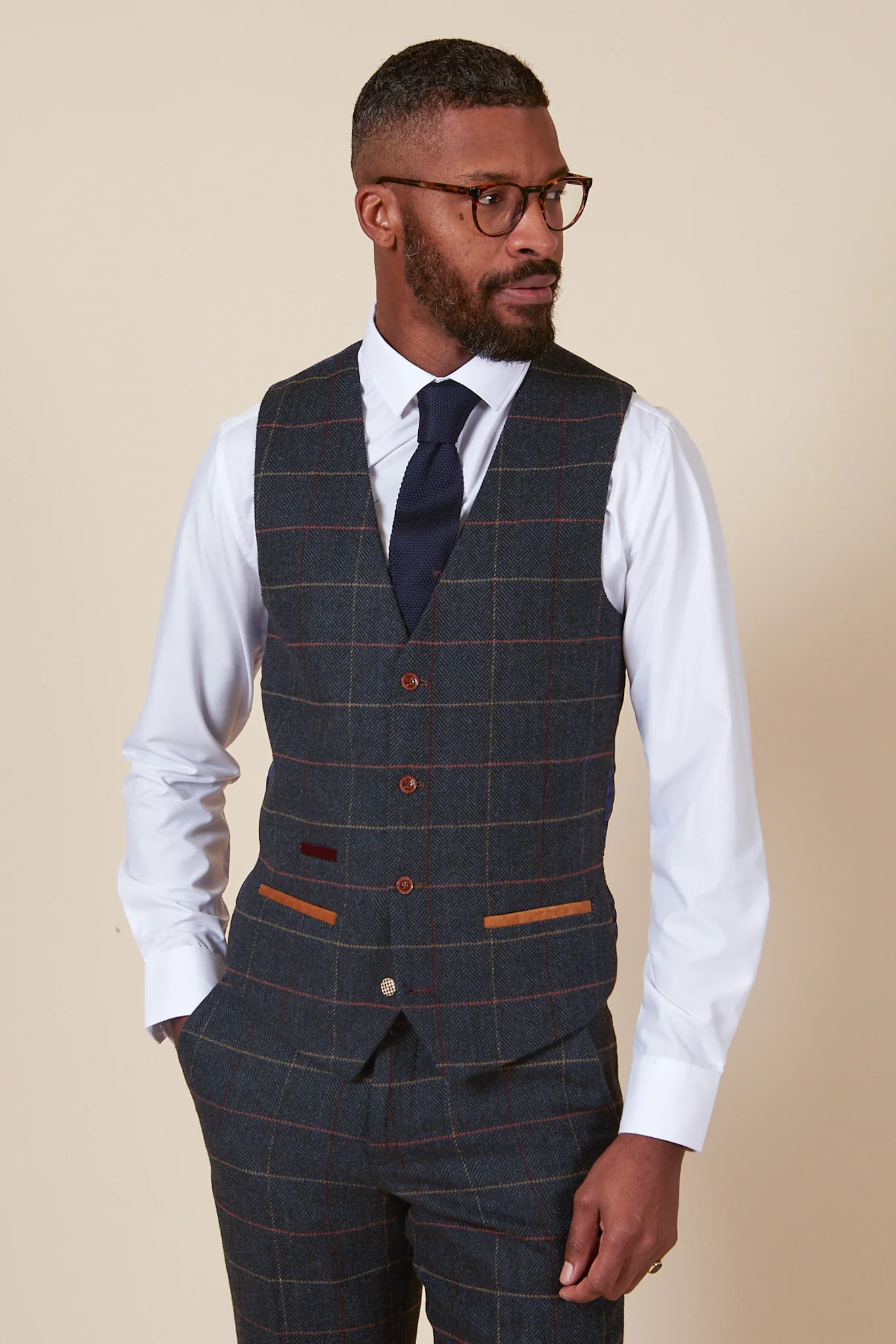 ETON - Single Breasted Navy Blue Tweed Check Waistcoat - Image 7
