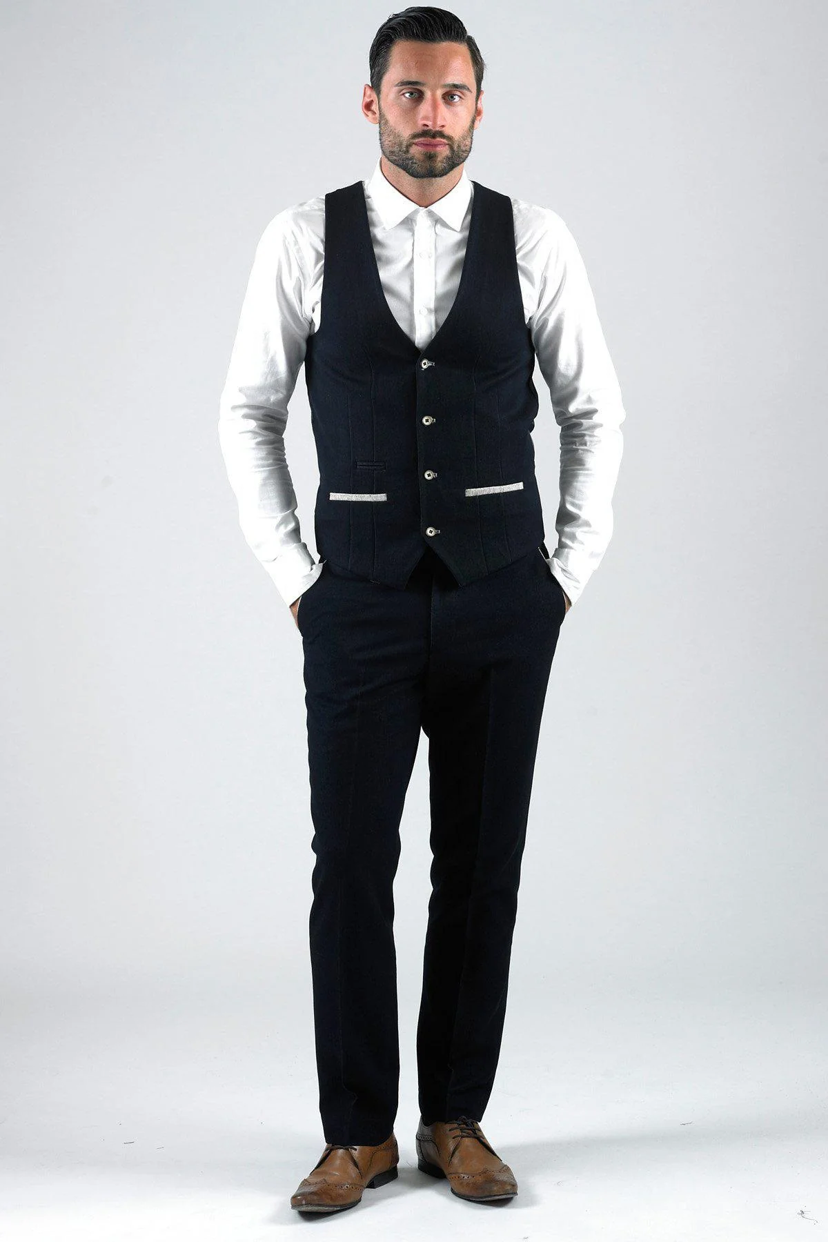 LEE WILL- Denim Look Navy Waistcoat - Image 4
