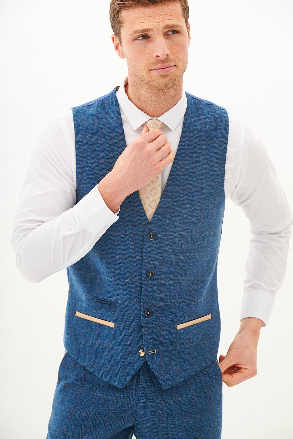 LEN DION - Blue Tweed Check Waistcoat - Image 3