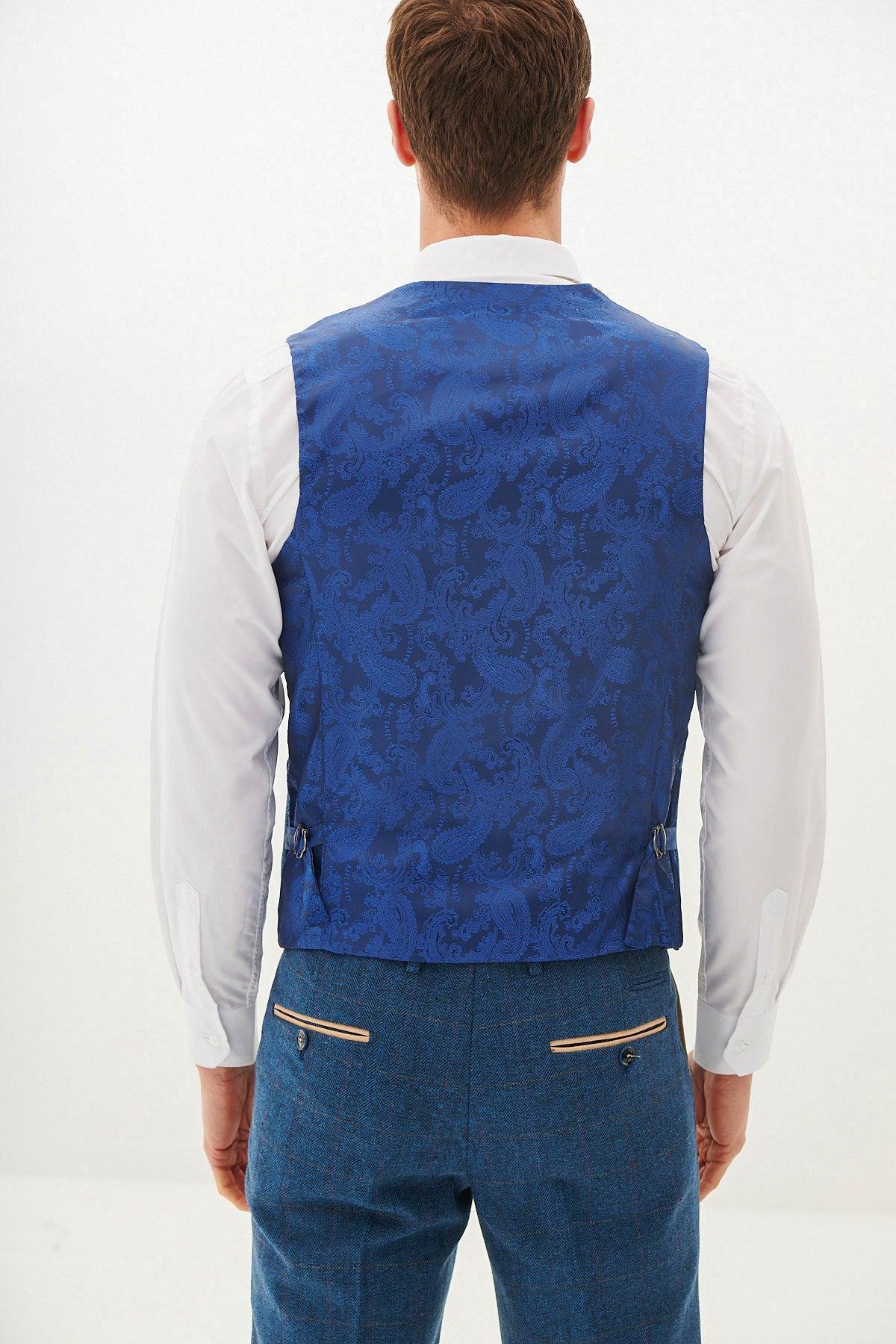 LEN DION - Blue Tweed Check Waistcoat - Image 4