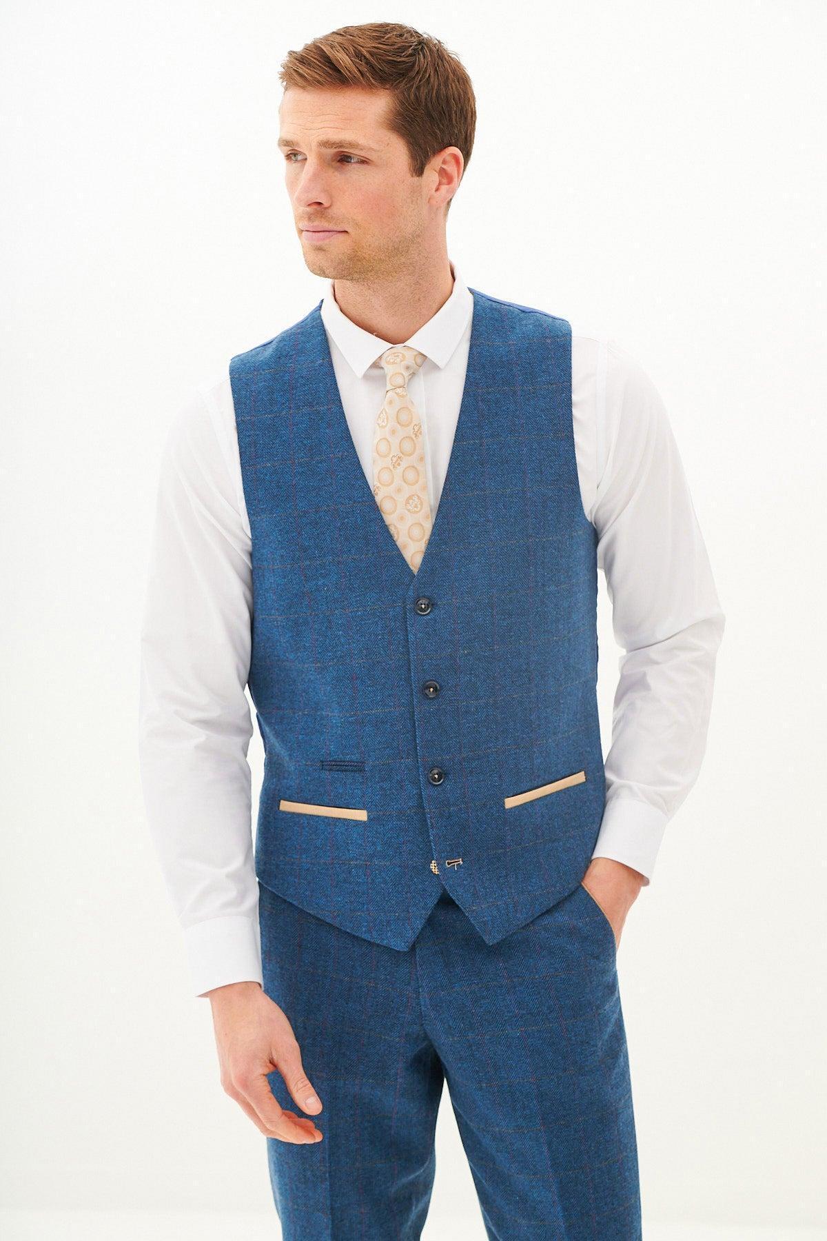LEN DION - Blue Tweed Check Waistcoat - Image 6