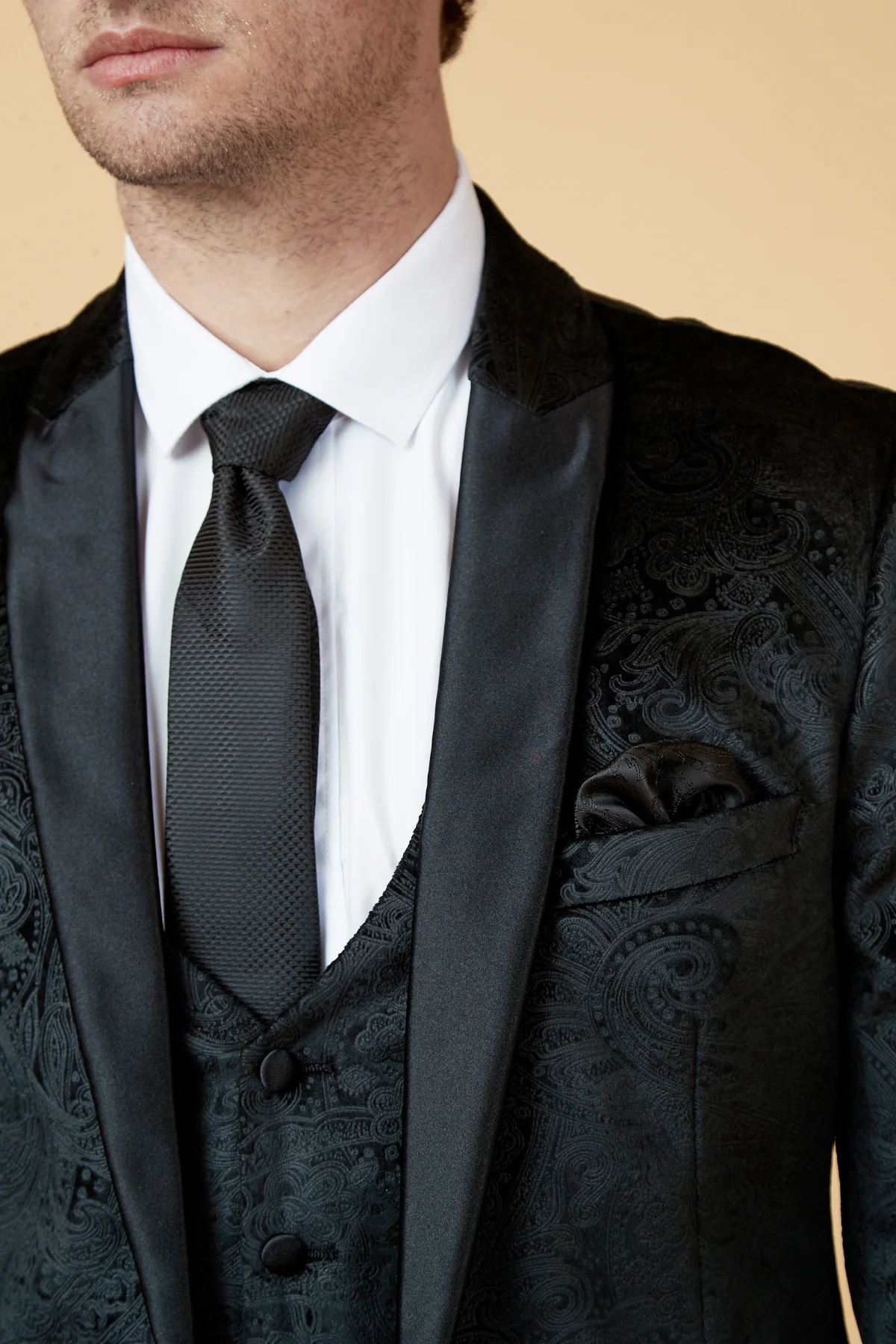 SIMON - Black Velvet Tux Lapel Jacquard Blazer - Image 3