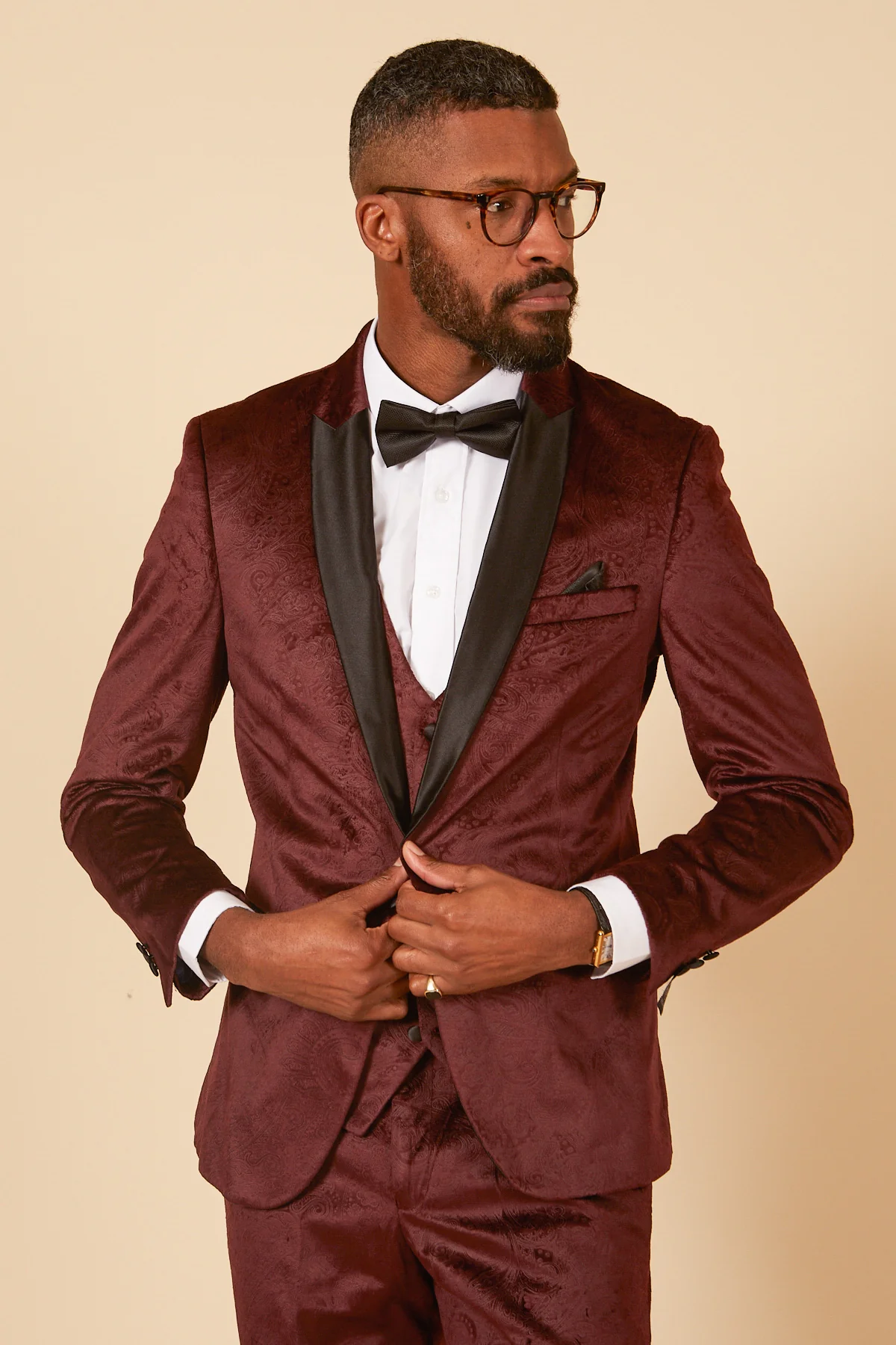 SIMON - Black Velvet Tux Lapel Jacquard Blazer - Image 8