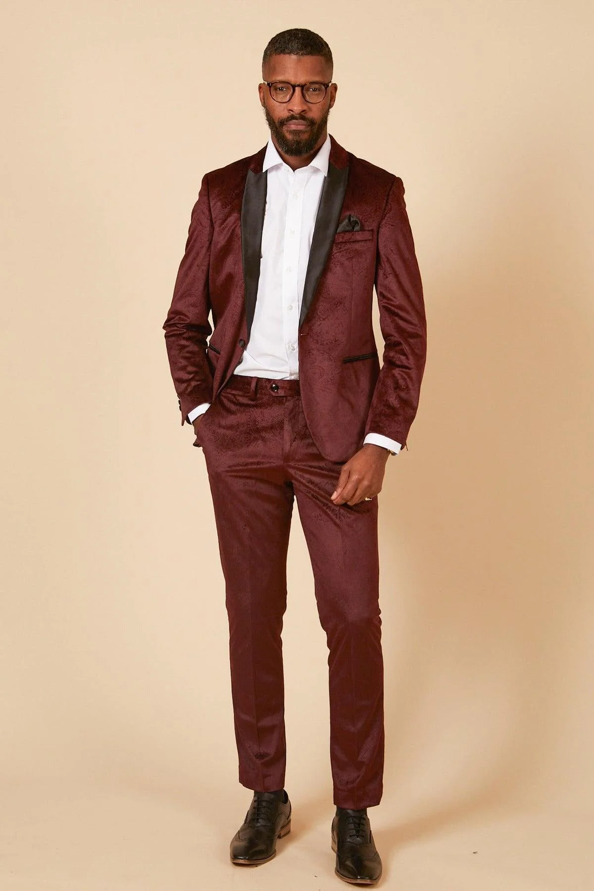 SIMON - Velvet Wine Tux Lapel Jacquard Blazer - Image 4