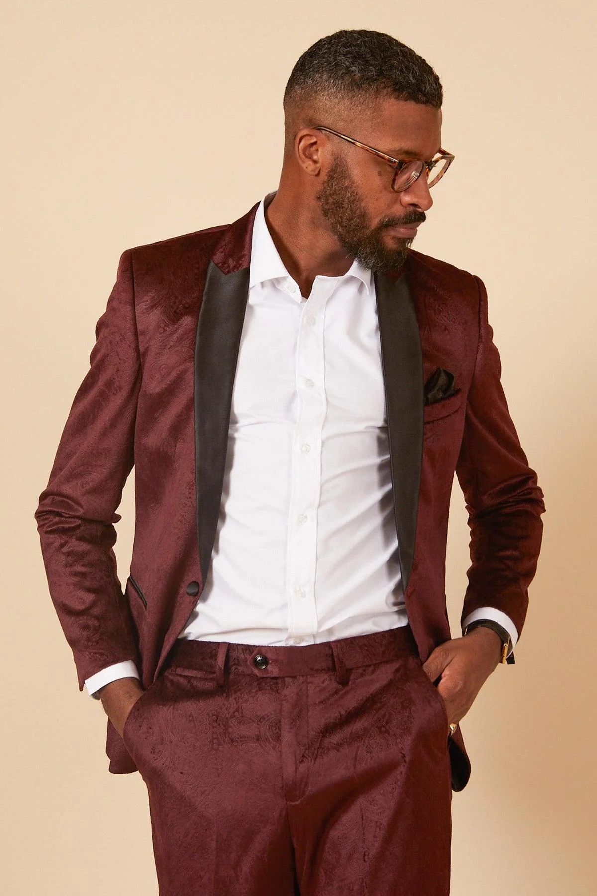 SIMON - Velvet Wine Tux Lapel Jacquard Blazer - Image 5