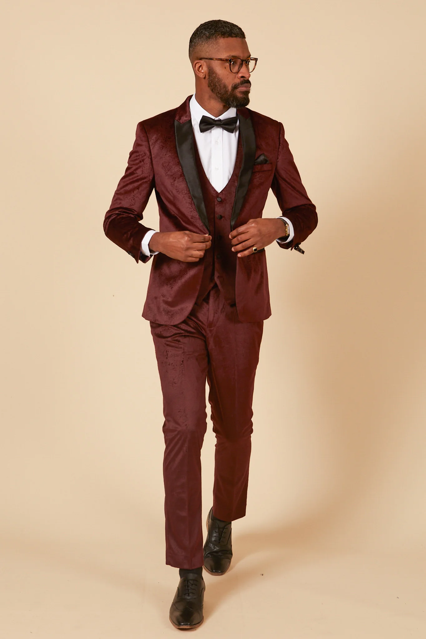 SIMON - Wine Velvet Jacquard Three Piece Suit - Image 10