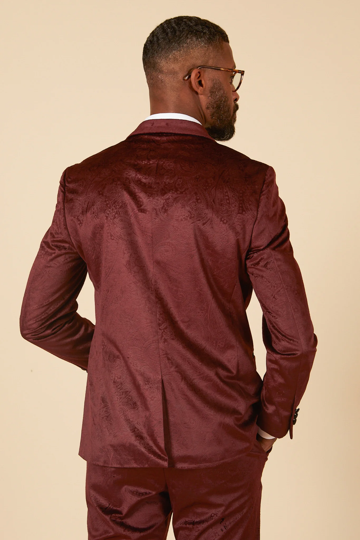 SIMON - Wine Velvet Jacquard Three Piece Suit - Image 11