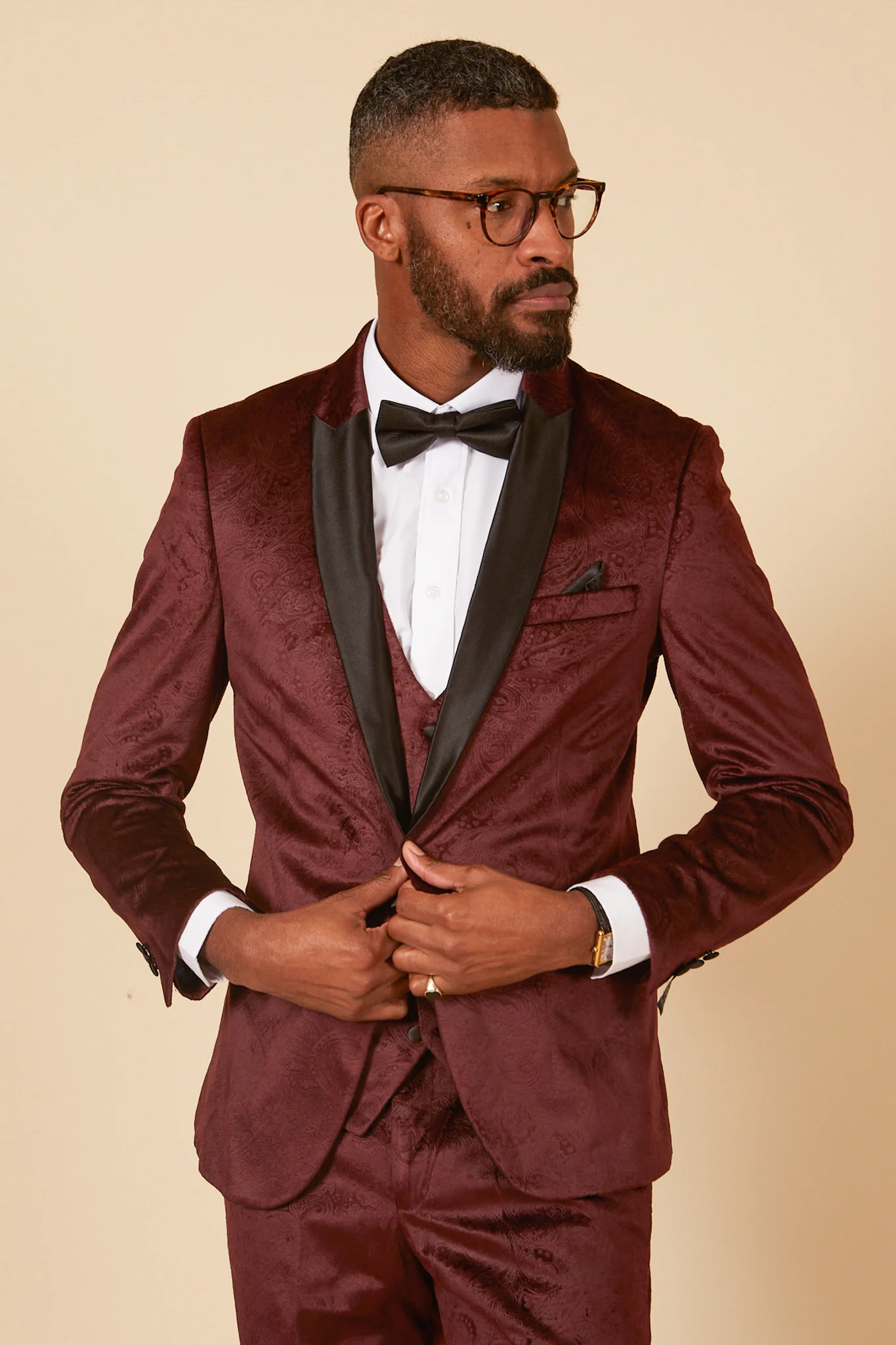 SIMON - Wine Velvet Jacquard Three Piece Suit - Image 14