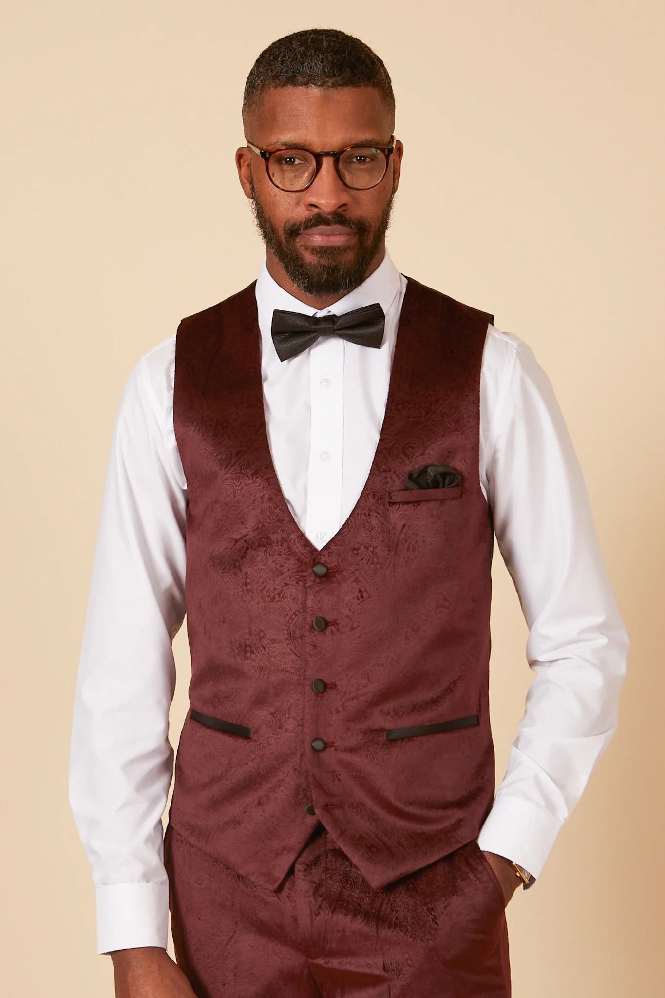 SIMON - Wine Velvet Jacquard Three Piece Suit - Image 5