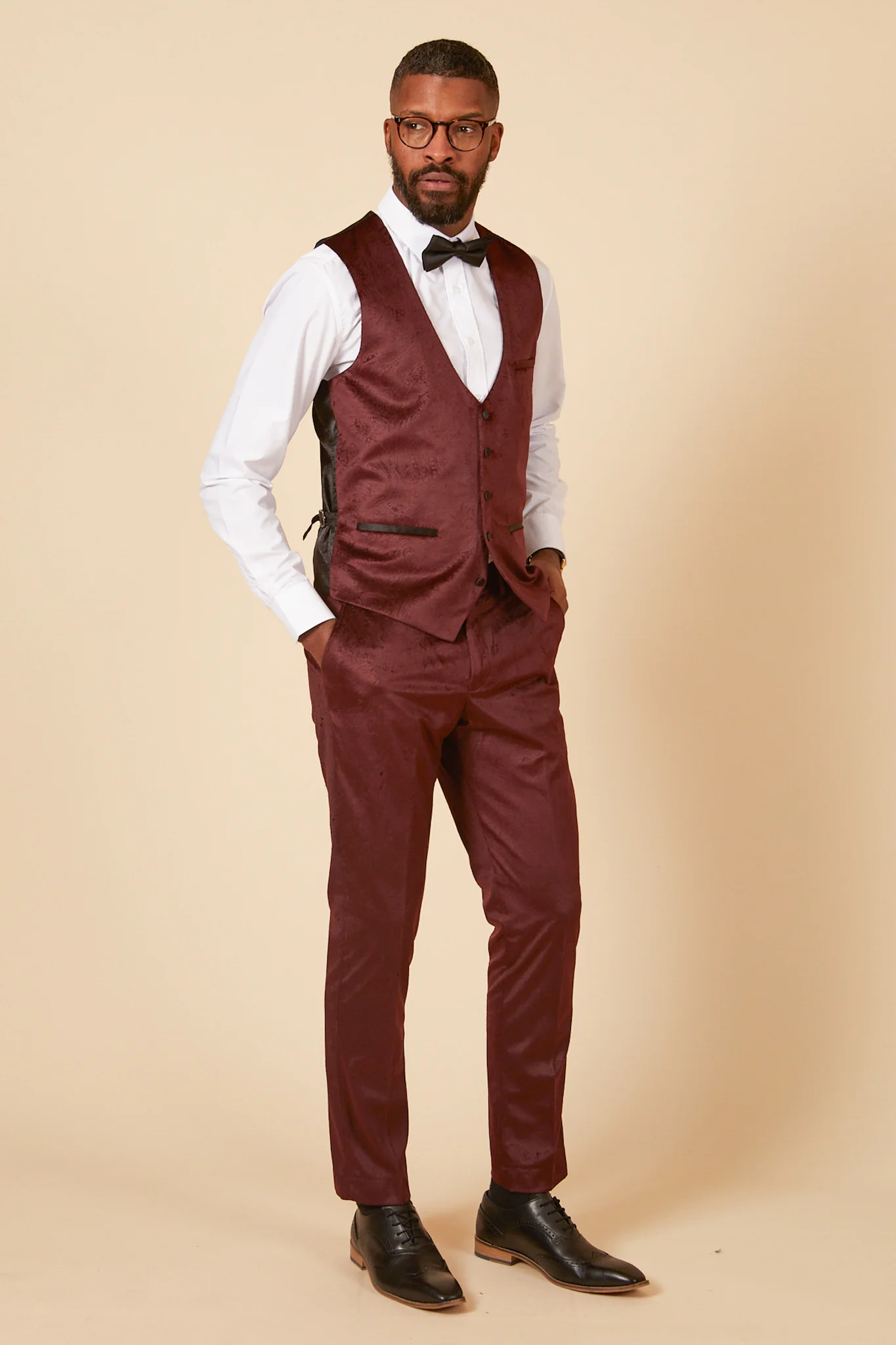 SIMON - Wine Velvet Jacquard Waistcoat - Image 3