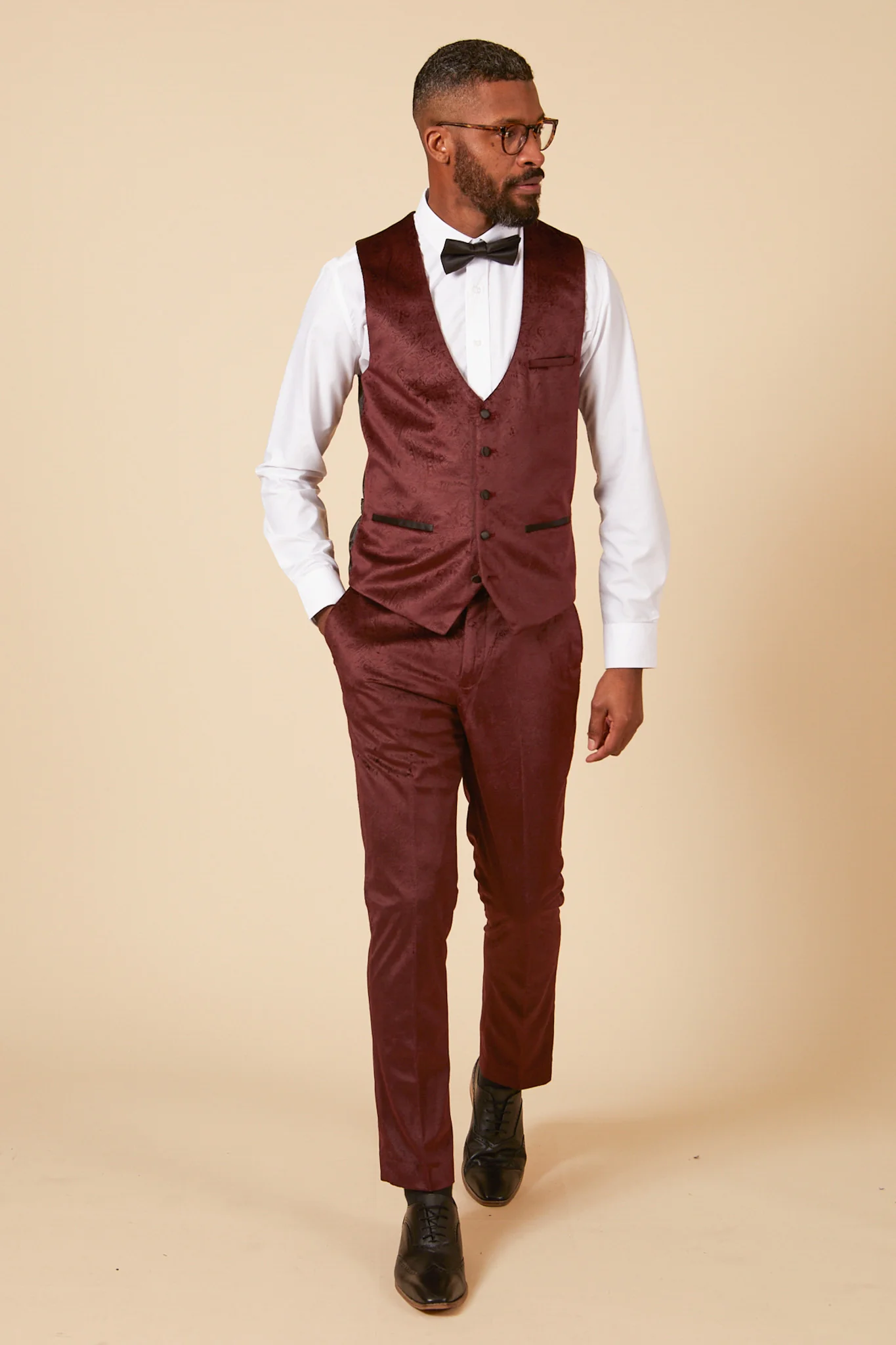 SIMON - Wine Velvet Jacquard Waistcoat - Image 4