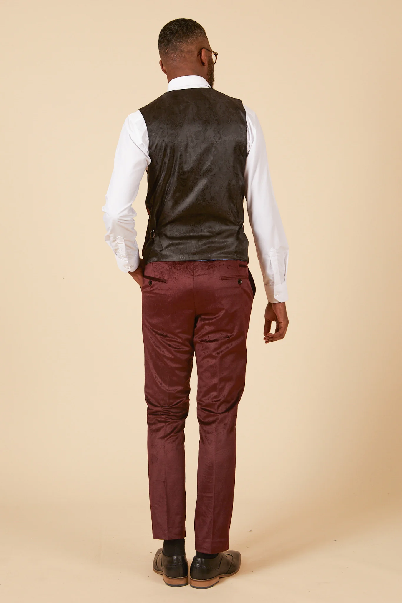 SIMON - Wine Velvet Jacquard Waistcoat - Image 5