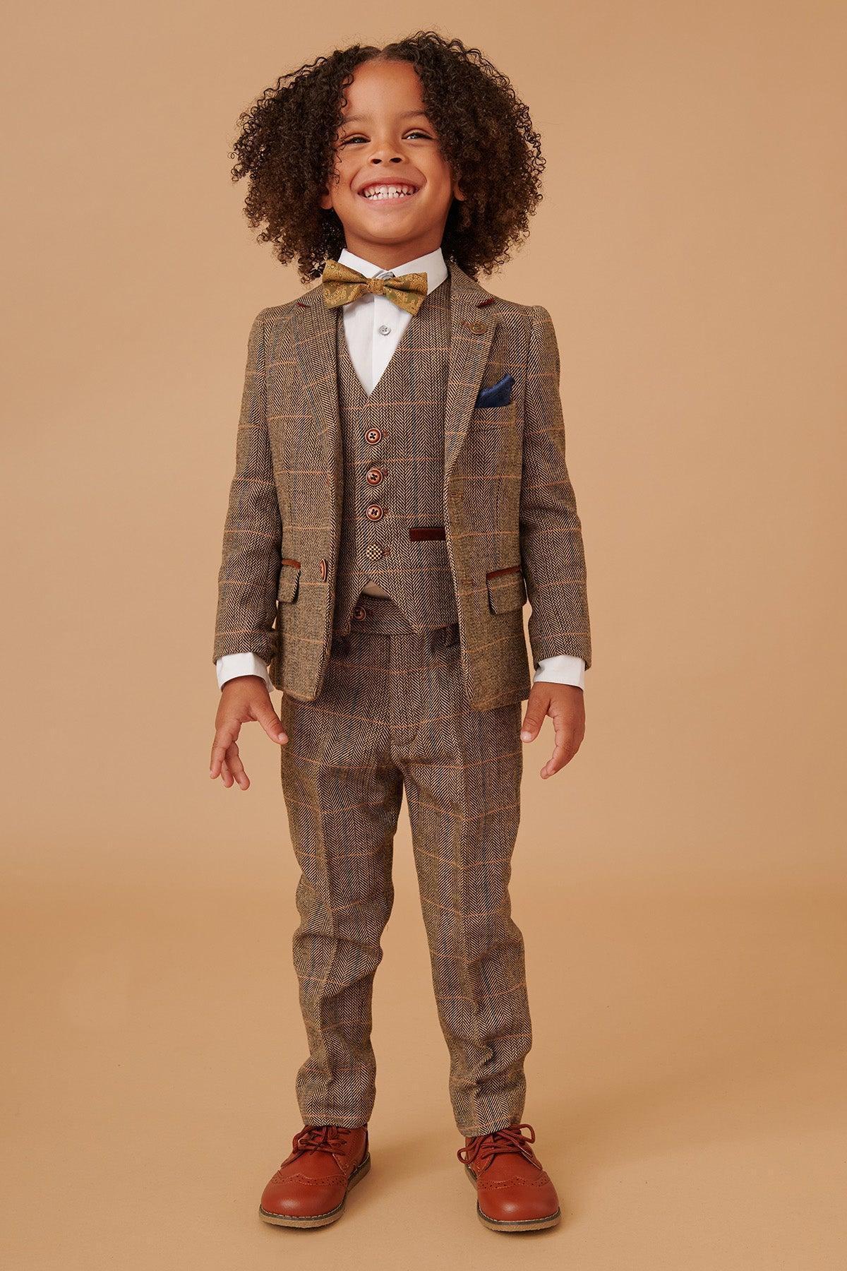 TED - Childrens Tan Tweed Check Three Piece Suit - Image 3