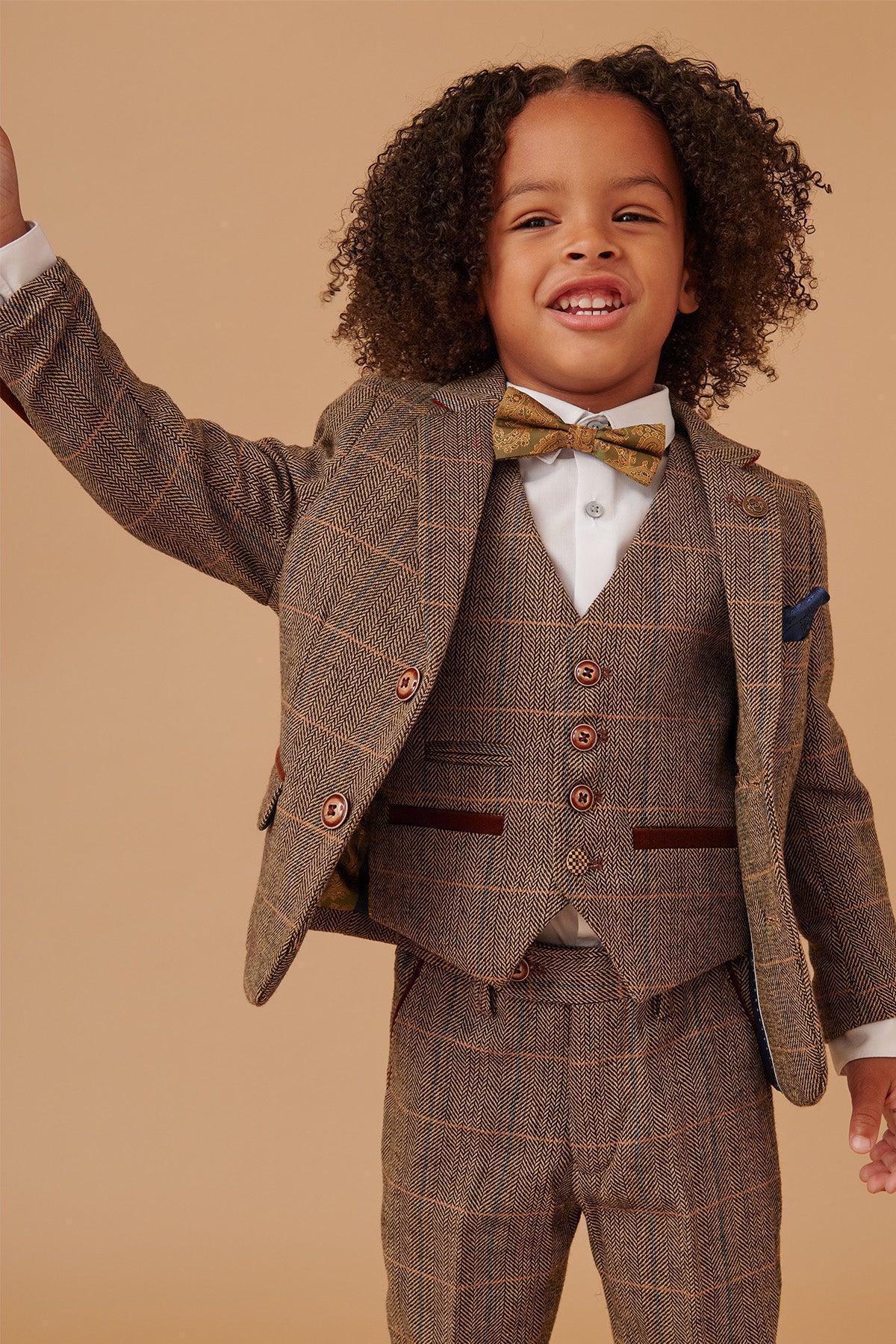 TED - Childrens Tan Tweed Check Three Piece Suit - Image 4