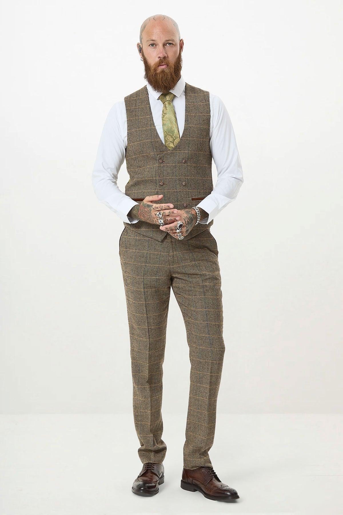 TED - Tan Tweed Check Three Piece Suit with Double Breasted Waistcoat - Image 10
