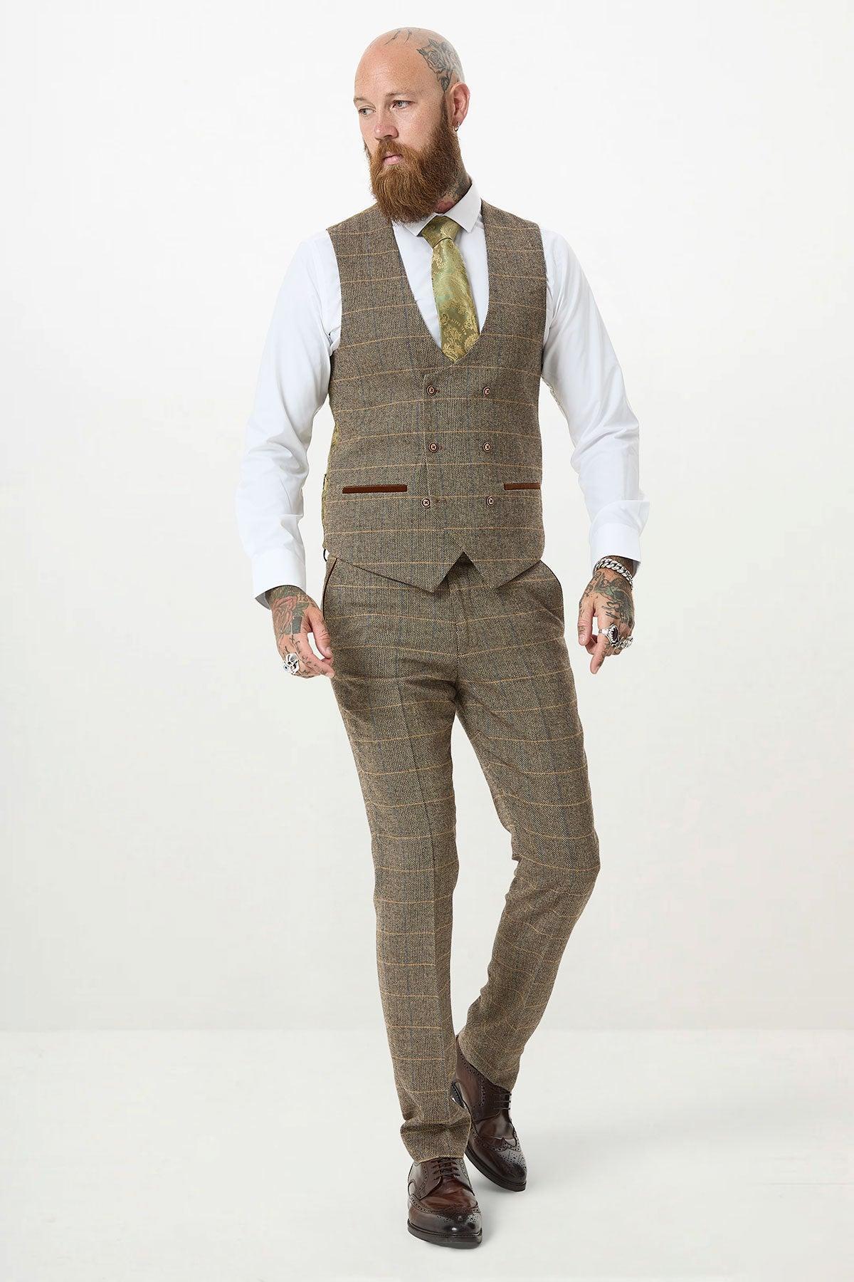 TED - Tan Tweed Check Three Piece Suit with Double Breasted Waistcoat - Image 11