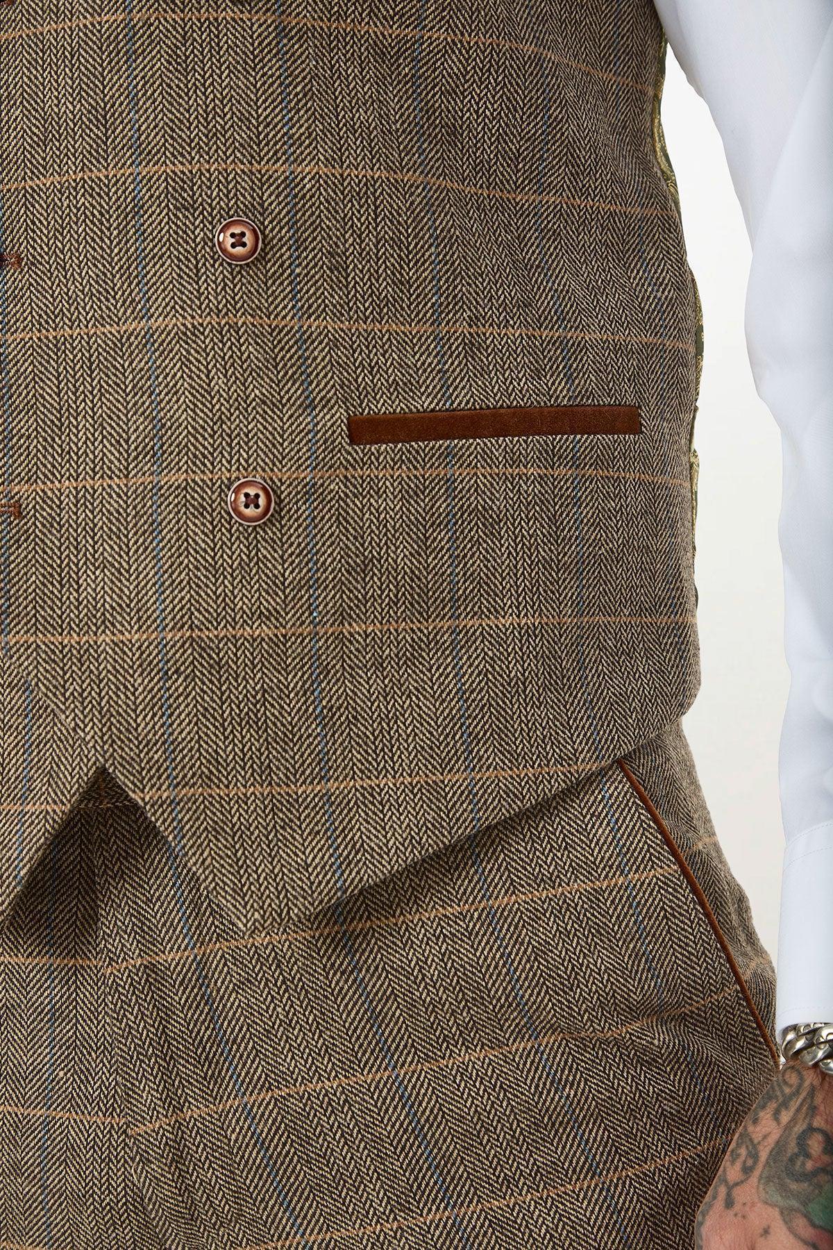 TED - Tan Tweed Check Three Piece Suit with Double Breasted Waistcoat - Image 13
