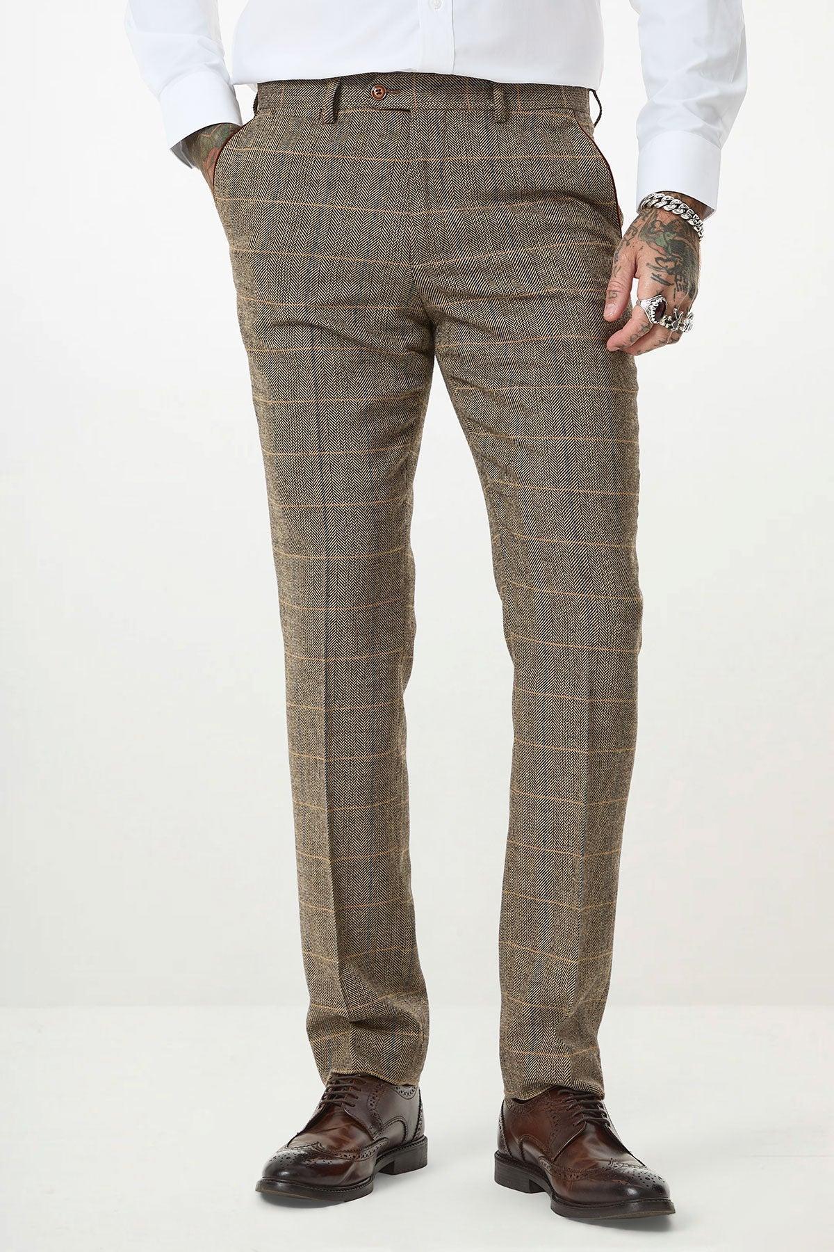 TED - Tan Tweed Check Three Piece Suit with Double Breasted Waistcoat - Image 14