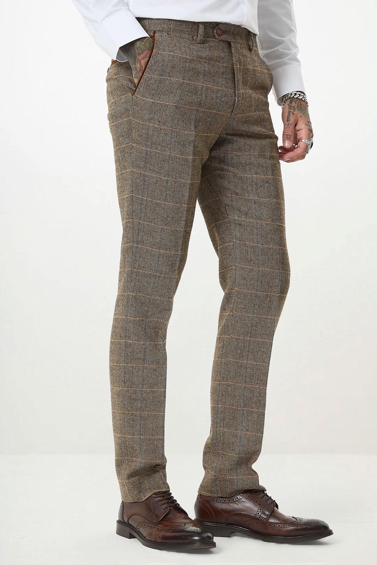 TED - Tan Tweed Check Three Piece Suit with Double Breasted Waistcoat - Image 15