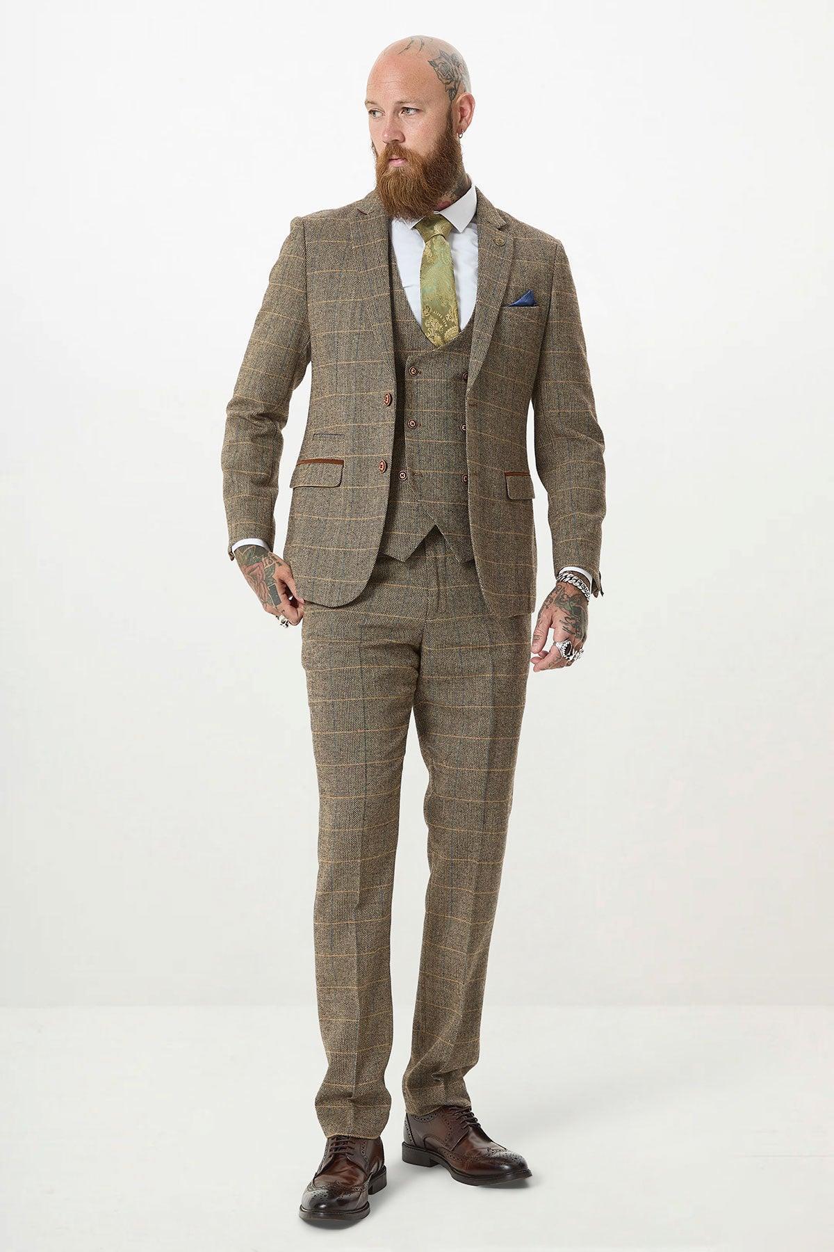 TED - Tan Tweed Check Three Piece Suit with Double Breasted Waistcoat - Image 3