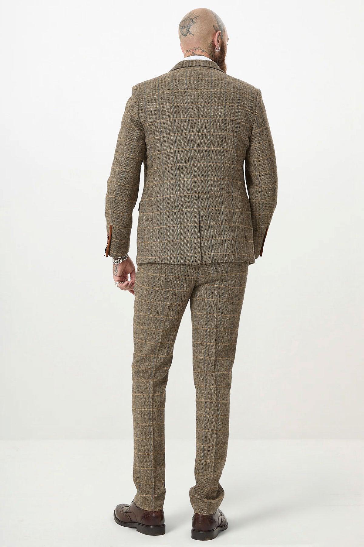 TED - Tan Tweed Check Three Piece Suit with Double Breasted Waistcoat - Image 4