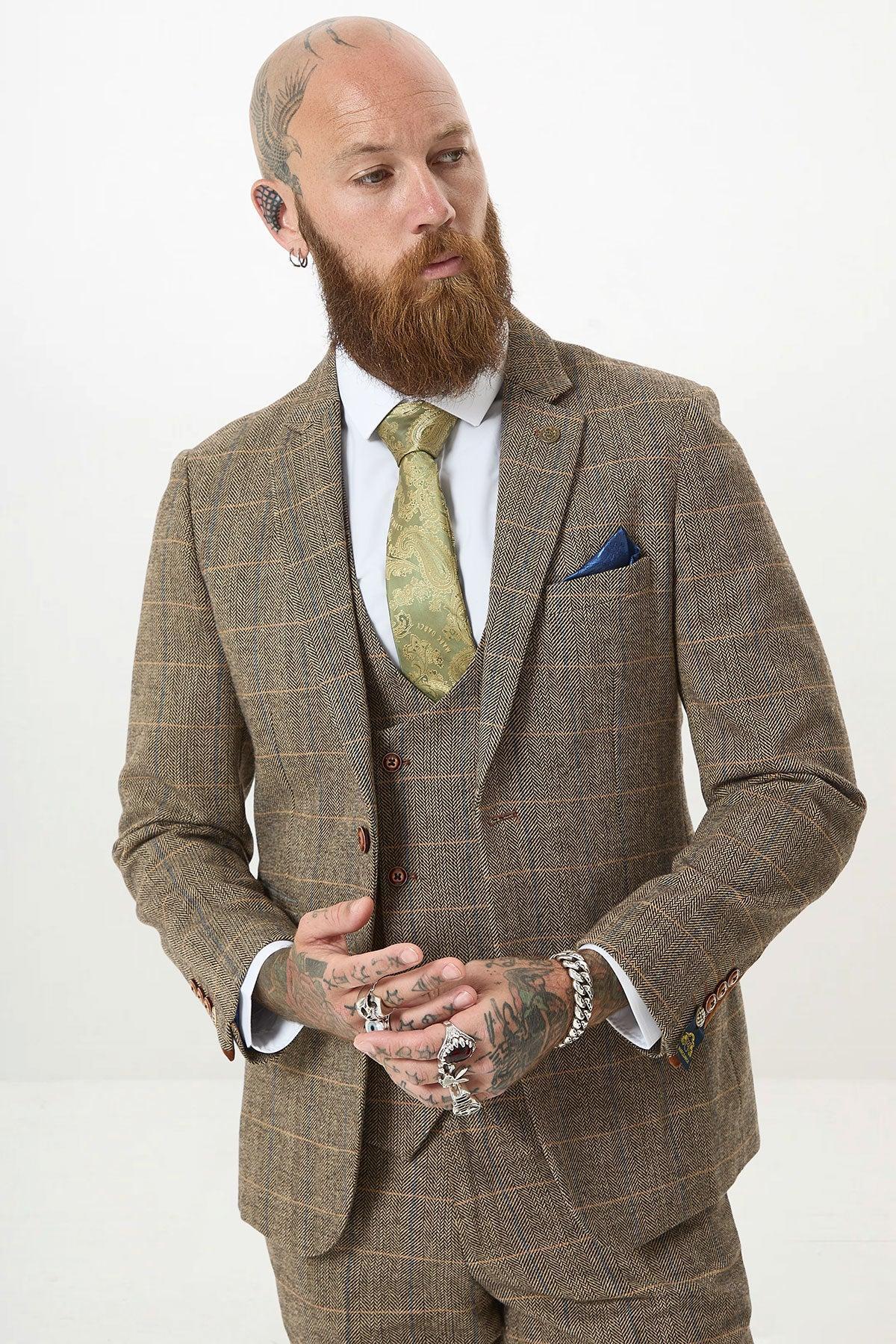 TED - Tan Tweed Check Three Piece Suit with Double Breasted Waistcoat - Image 5