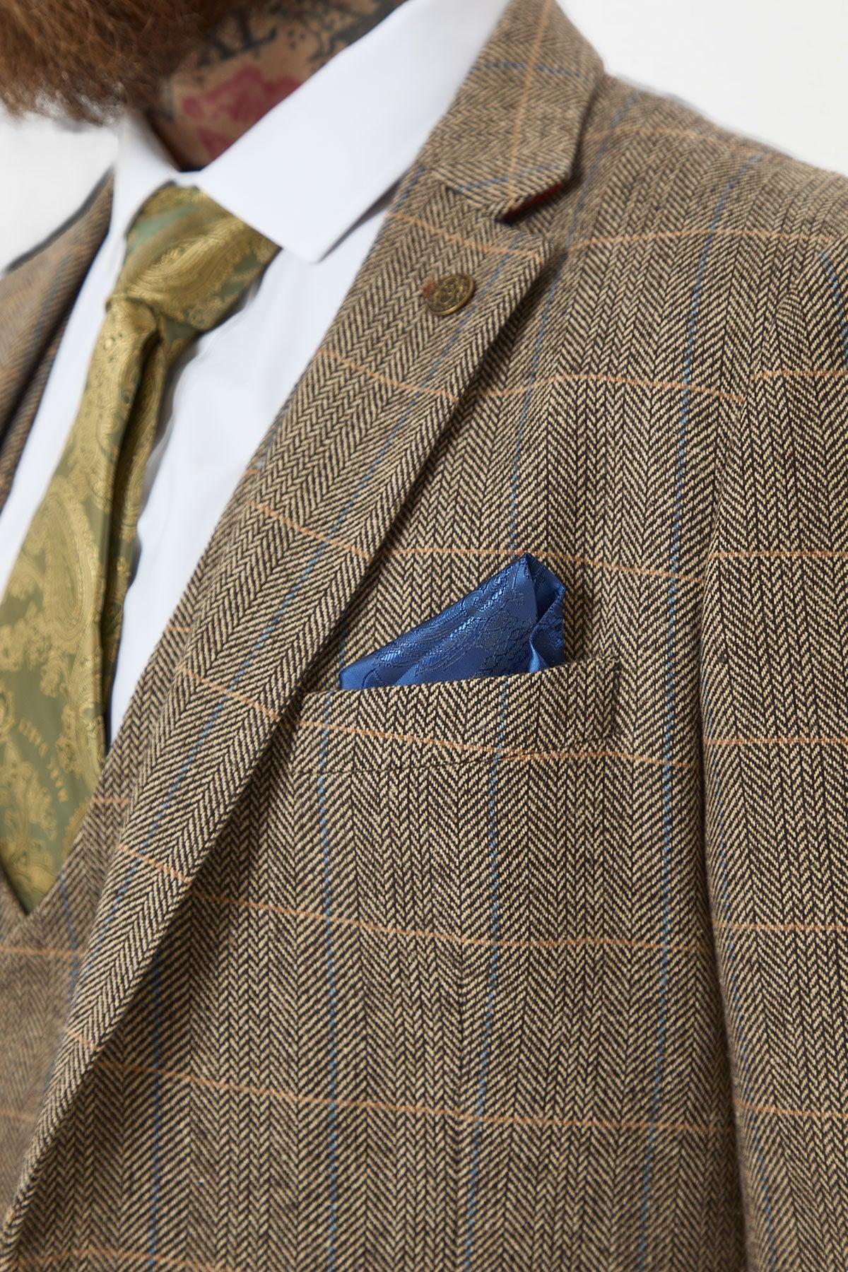 TED - Tan Tweed Check Three Piece Suit with Double Breasted Waistcoat - Image 7