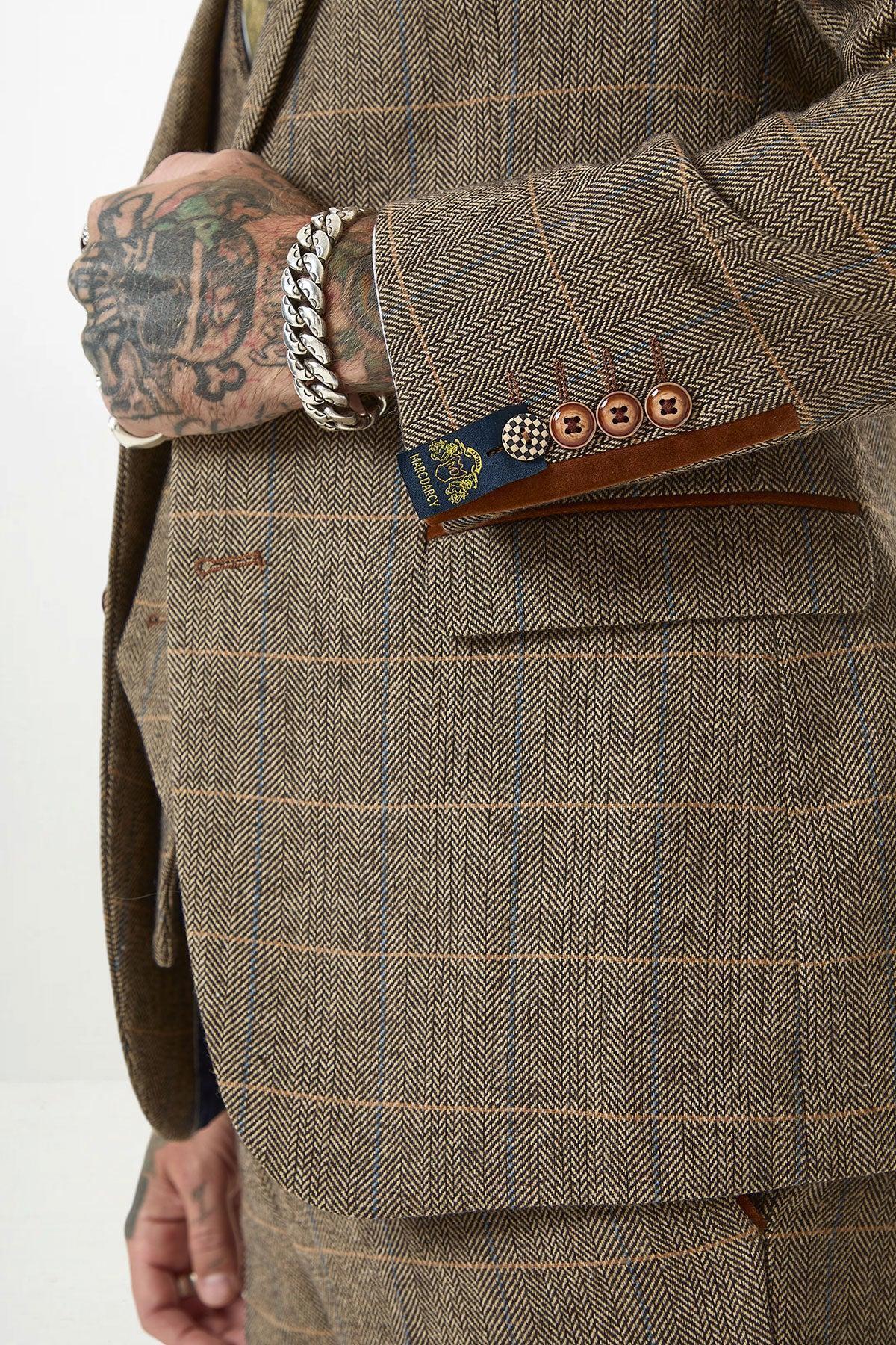 TED - Tan Tweed Check Three Piece Suit with Double Breasted Waistcoat - Image 8