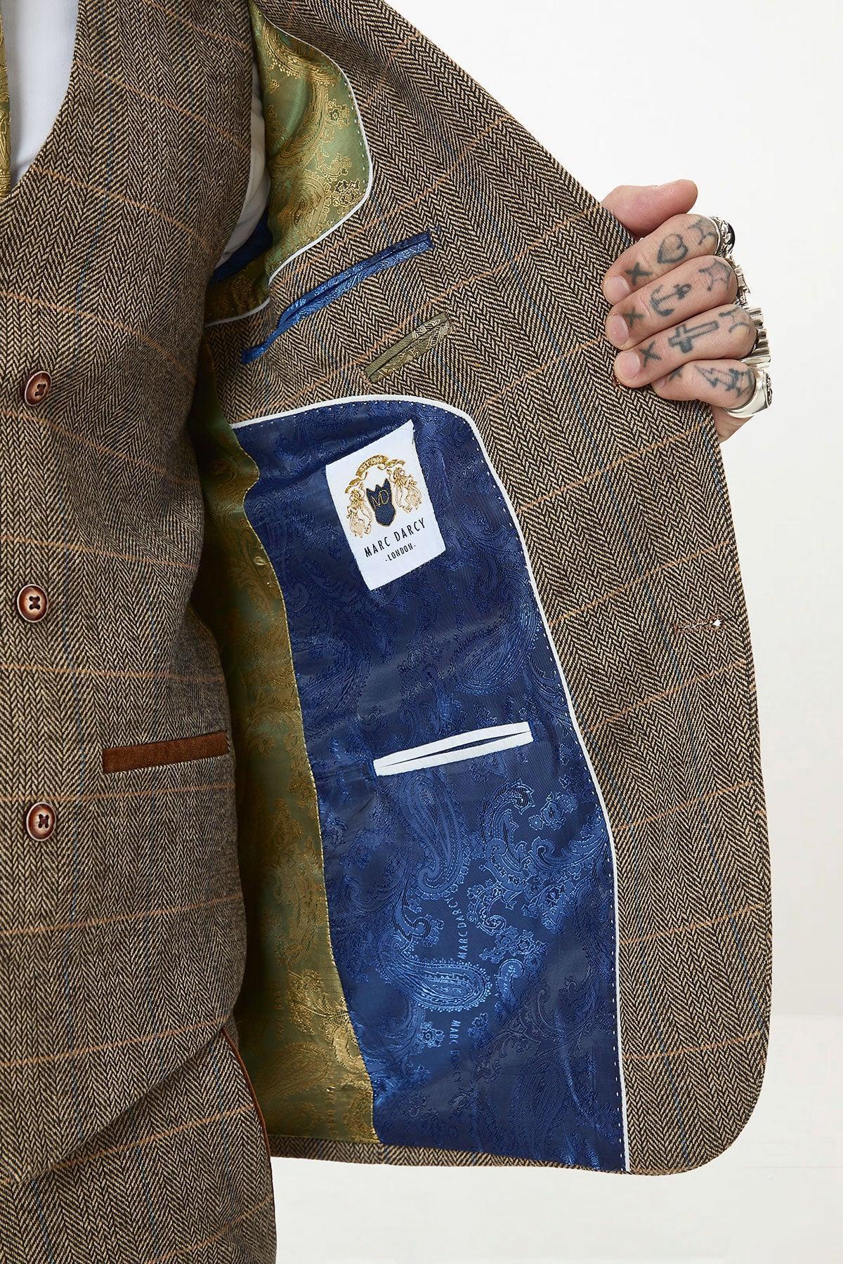 TED - Tan Tweed Check Three Piece Suit with Double Breasted Waistcoat - Image 9